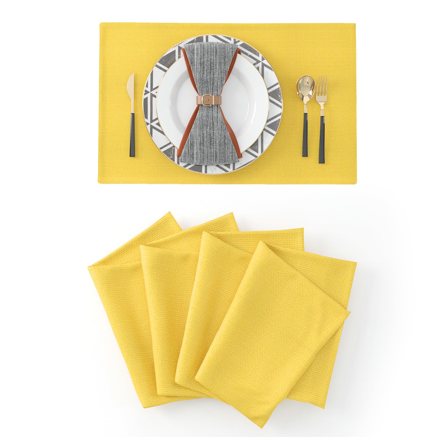4-Piece Soft Handmade Faux Linen Placemats Set - Heat Resistant 12x18 Inch Table Mats for Dining & Kitchen - Elegant Yellow Home Decor (Perfect for Dinner Parties, Holiday Gatherings & Everyday Use)