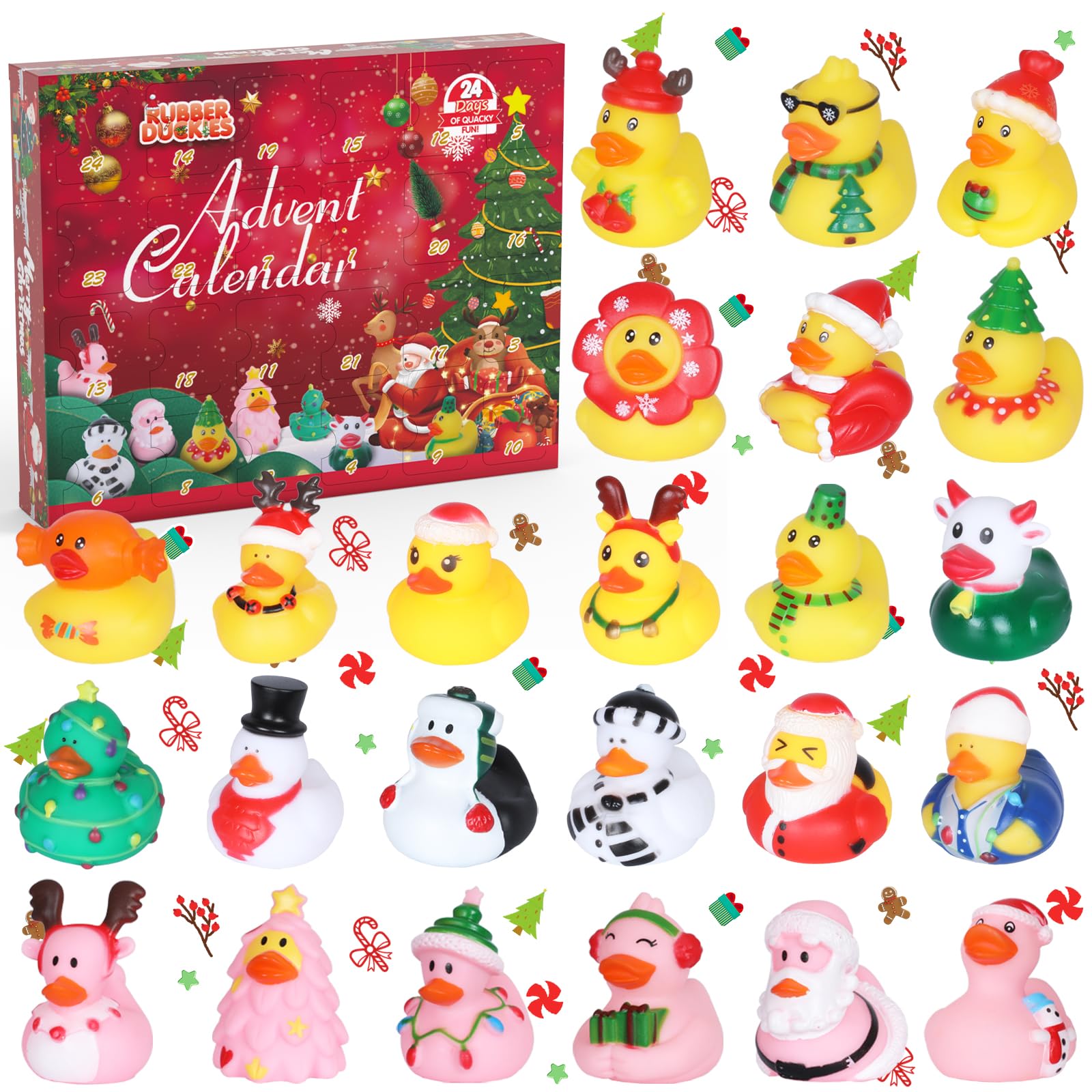 24-Piece Christmas Rubber Ducks Advent Calendar - Fun Holiday Bath Toys for Toddlers & Kids | Perfect for Jeep Ducking, Stocking Stuffers, Party Favors & Xmas Gifts | Great for Bath Time, Christmas Countdown & Surprise Gift Exchanges