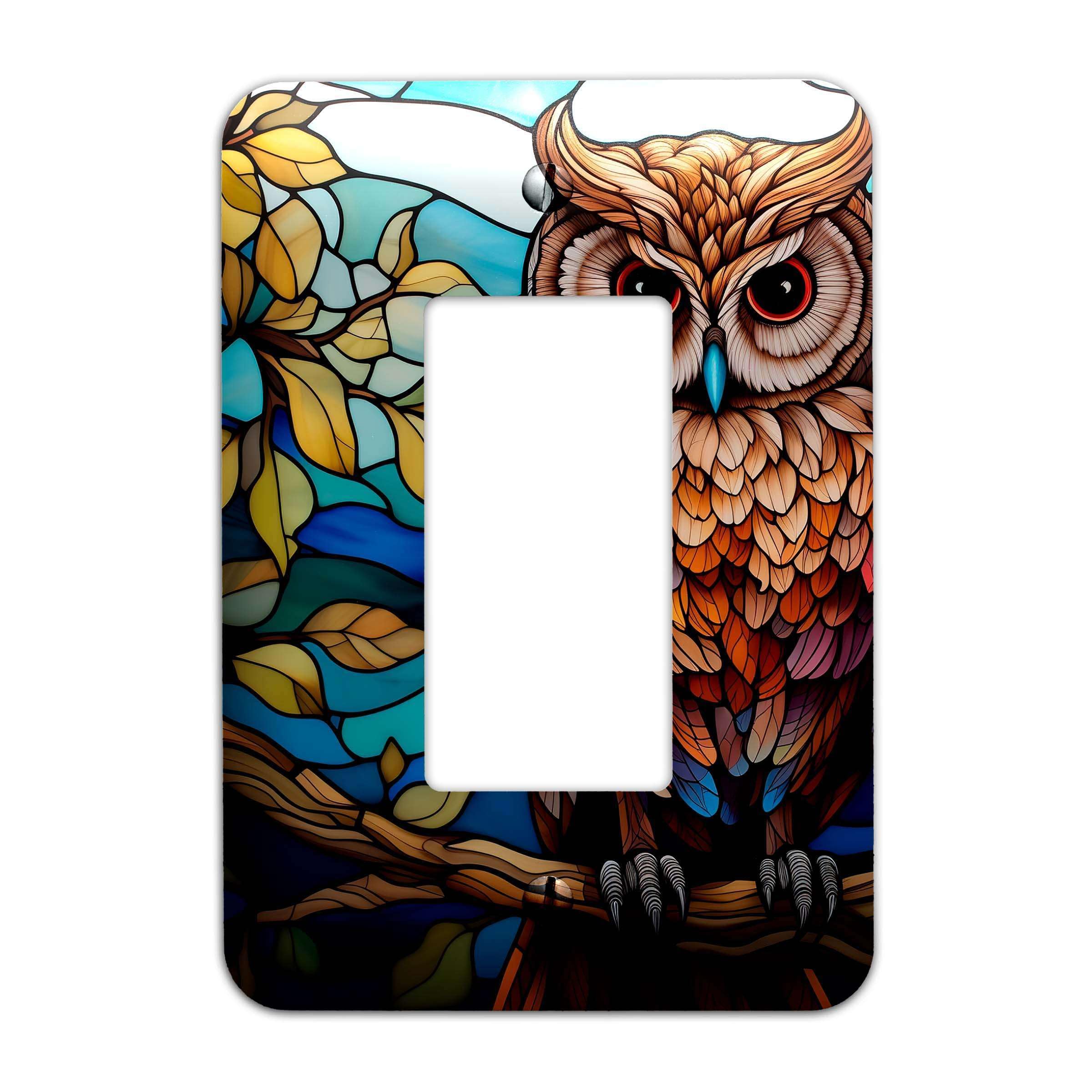 Owl Design Faux Stained Glass Metal Light Switch Plate Cover - Decorative Single Outlet Cover for Home Decor, Bedroom, Living Room - Multiple Sizes Available #4804