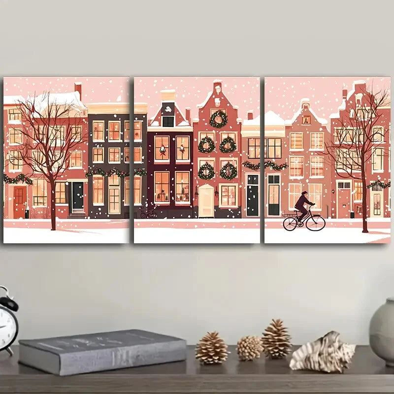 3-Piece Winter Holiday Snowy Rooftops Wall Art Set - Framed Canvas Prints 40x60cm - High Quality Australian Made Ready-to-Hang Decor for Living Room, Bedroom & Office