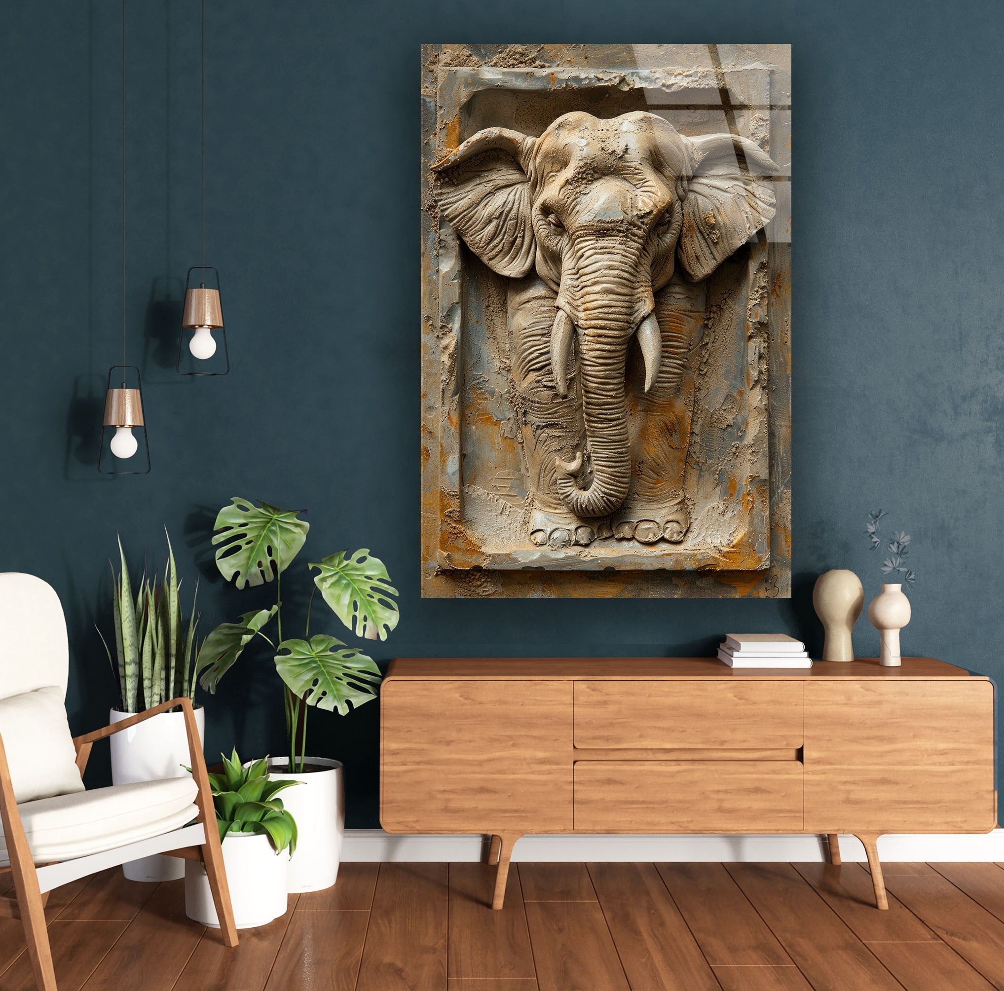3D Elephant Stone Art Glass Wall Decor - Handmade Modern Home Decor for Living Room, Bedroom, Office - Unique Gift Idea for Animal Lovers