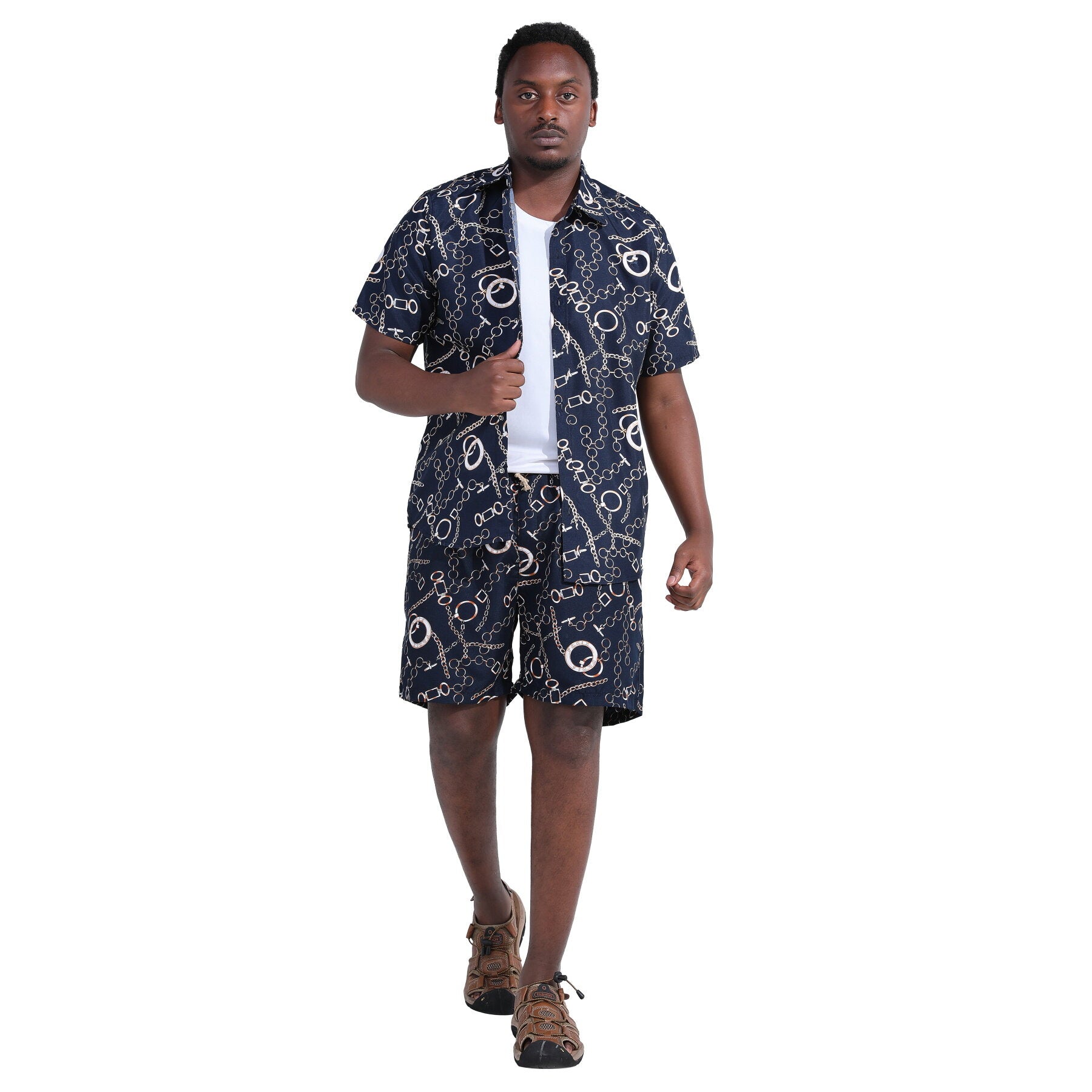 Men's 2-Piece Hawaiian Print Summer Suit in Navy Blue - Perfect for Beach Weddings, Tropical Vacations & Summer Parties