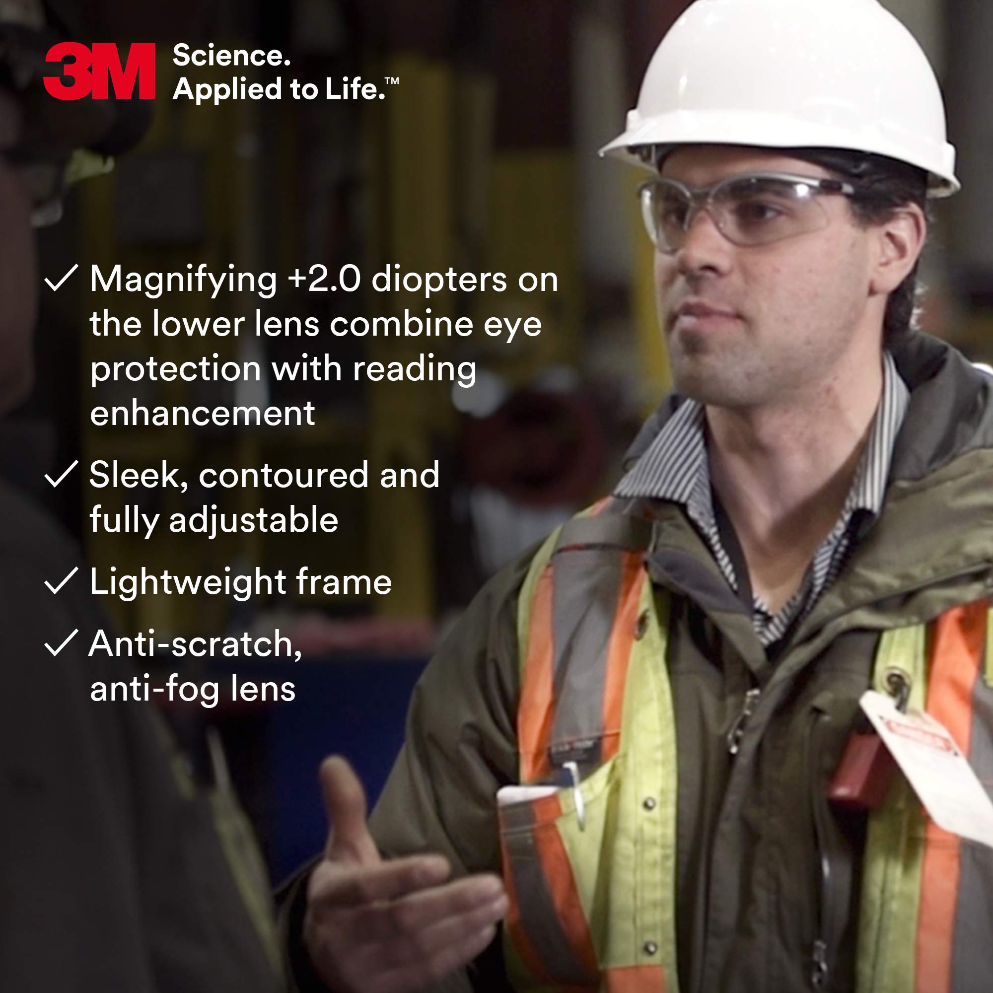 3M Safety Glasses with +2.0 Readers - ANSI Z87.1 Certified Anti-Fog & Scratch-Resistant Clear Lenses - Silver Frame with Adjustable Temples - Perfect for Woodworking, Construction & DIY Projects