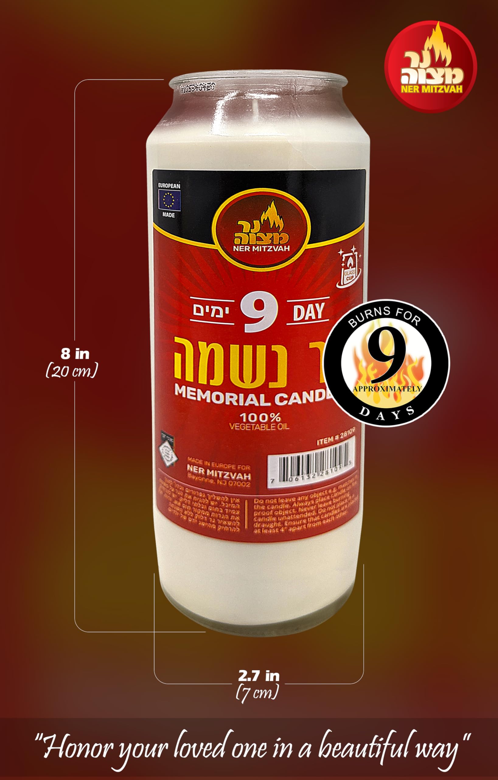 Kosher White Yahrzeit Memorial Candles - 2 Pack 9-Day Glass Jar Candles for Yom Kippur & Jewish Holidays - 100% Vegetable Wax Prayer Candle for Remembrance & Religious Ceremonies