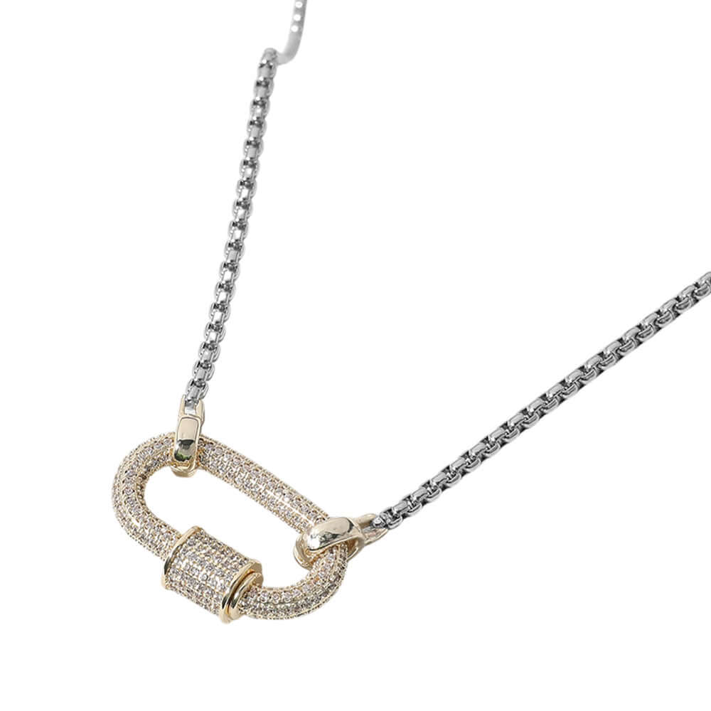14K Gold Plated Two Tone CZ Stone Carabiner Pendant Necklace for Women - Elegant Layering Jewelry for Everyday Wear, Date Night & Special Occasions