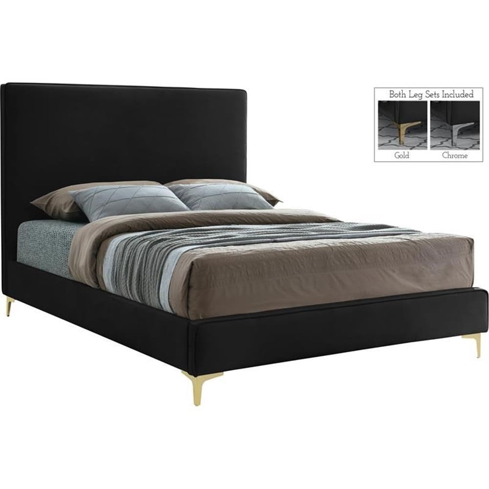 Modern Velvet Upholstered Bed with Gold/Chrome Headboard - Full Size Black Platform Bed Frame - Geri Collection by Meridian Furniture for Luxurious Bedroom Decor