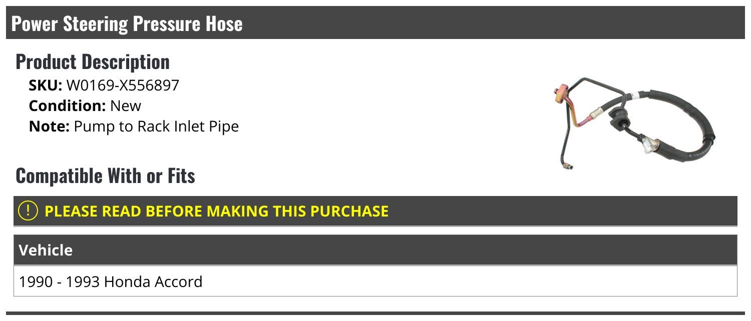 High-Quality Power Steering Pressure Hose Replacement for 1990-1993 Honda Accord - Durable OEM Fit - Perfect for Smooth Steering & Leak Prevention