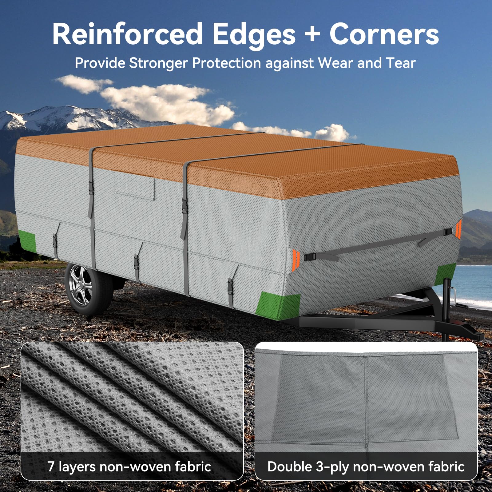 **7-Layer Waterproof Pop Up Camper Cover – Heavy Duty RV Trailer Cover for Winter Snow Protection, Windproof & Tearproof with 5+2 Reinforced Straps (8'-10' Length, Non-Woven Fabric) – Ideal for Outdoor Camping, Travel Trailers & Seasonal Storage**