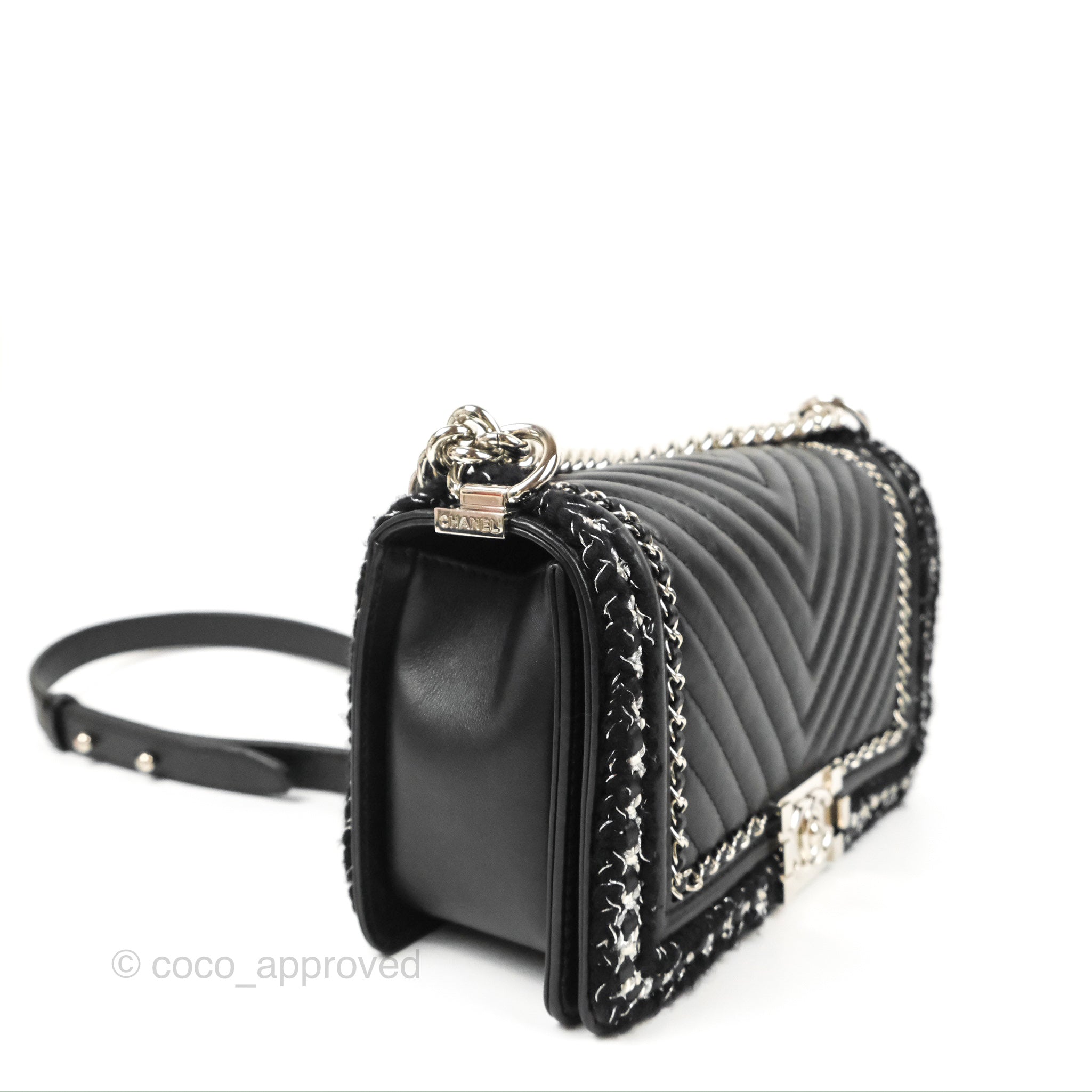 Chanel Chevron Braid Around Chain Boy Bag - Black Calfskin Leather with Silver Hardware | Luxury Crossbody Bag for Women, Perfect for Date Night & Evening Events