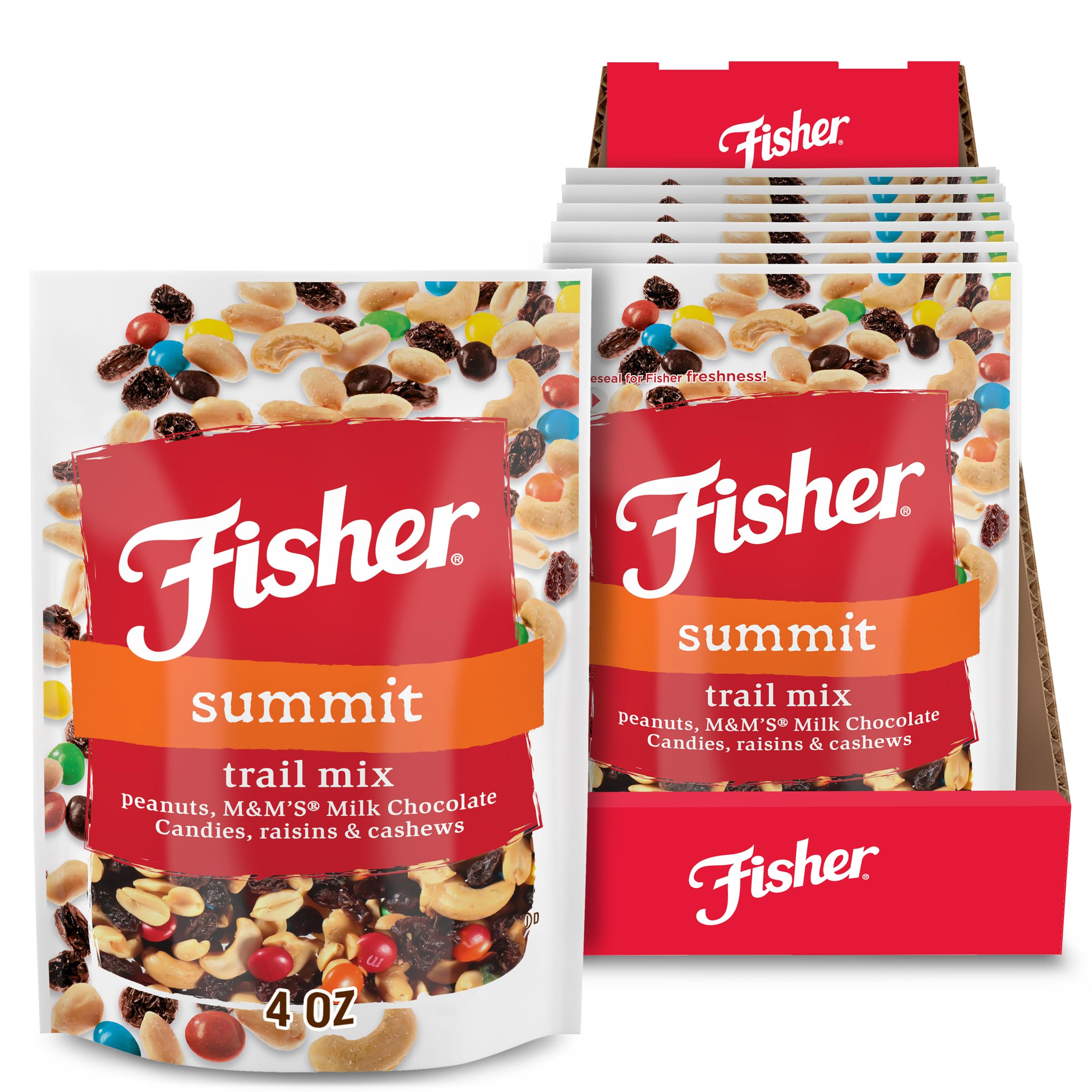 Fisher Snack Summit Trail Mix - 4oz Pack of 6 | Peanuts, Milk Chocolate Candies, Raisins & Cashews | Resealable Pouches | Perfect for Hiking, Camping & Office Snacks