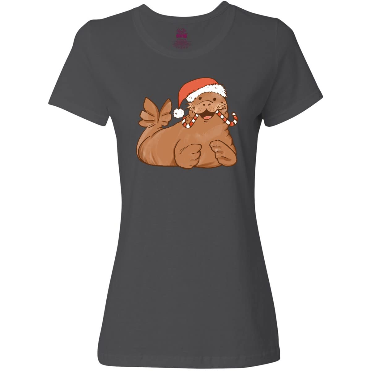 Inktastic Women's Candy Cane Walrus Graphic T-Shirt - Funny Christmas Holiday Tee for Women - Perfect for Casual Wear, Gift Giving & Festive Parties