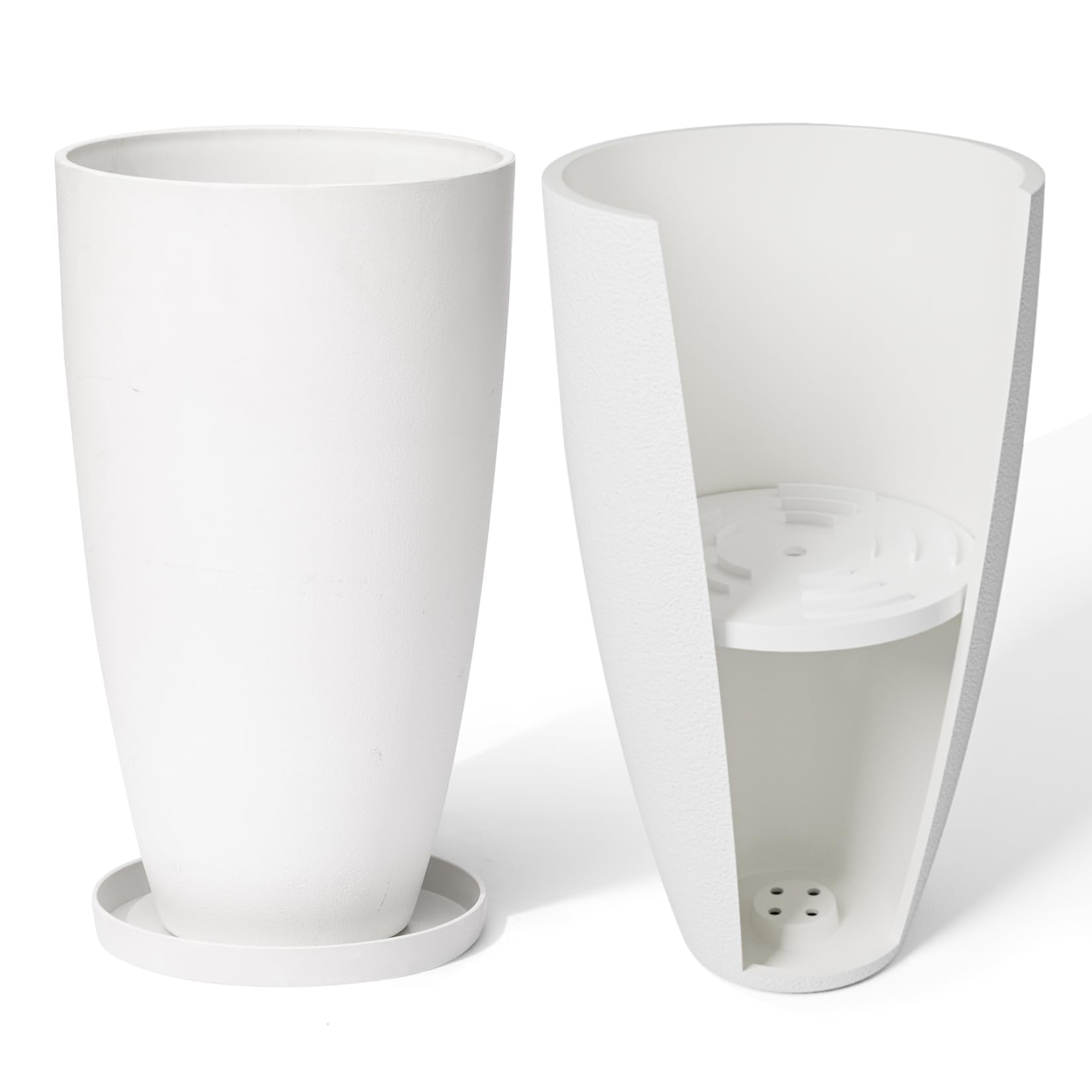 LA Jolie Muse 20 Inch Tall White Planters Set of 2 - Modern Indoor/Outdoor Round Flower Pots with Drainage Holes & Shelf Inset - Perfect for Front Door Decor, Balcony Gardening, Patio Plants & Home Office Greenery