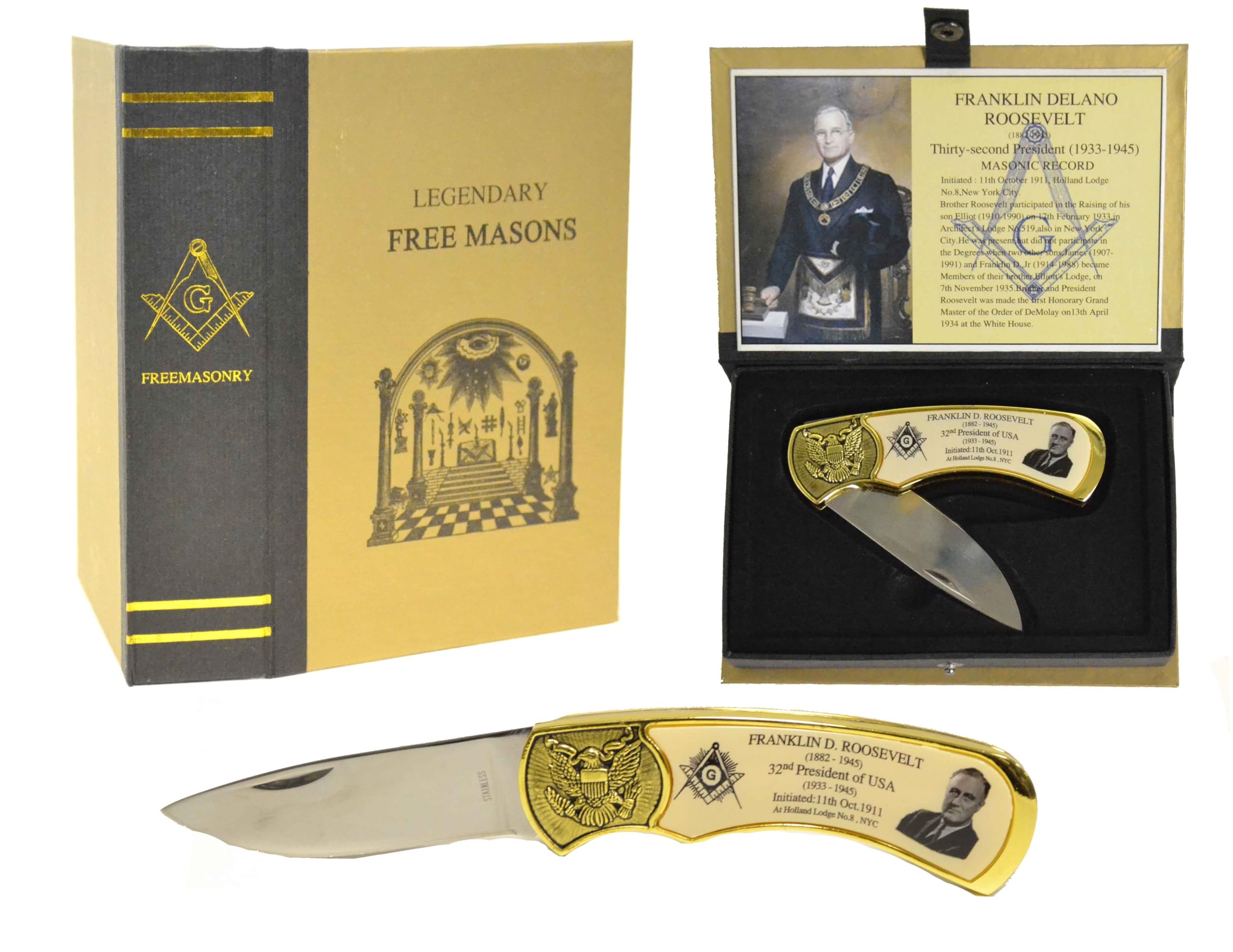 Franklin Roosevelt Masonic Pocket Knife with Gift Box - Collectible Vintage Folding Knife for Camping, Hiking & Outdoor Adventures