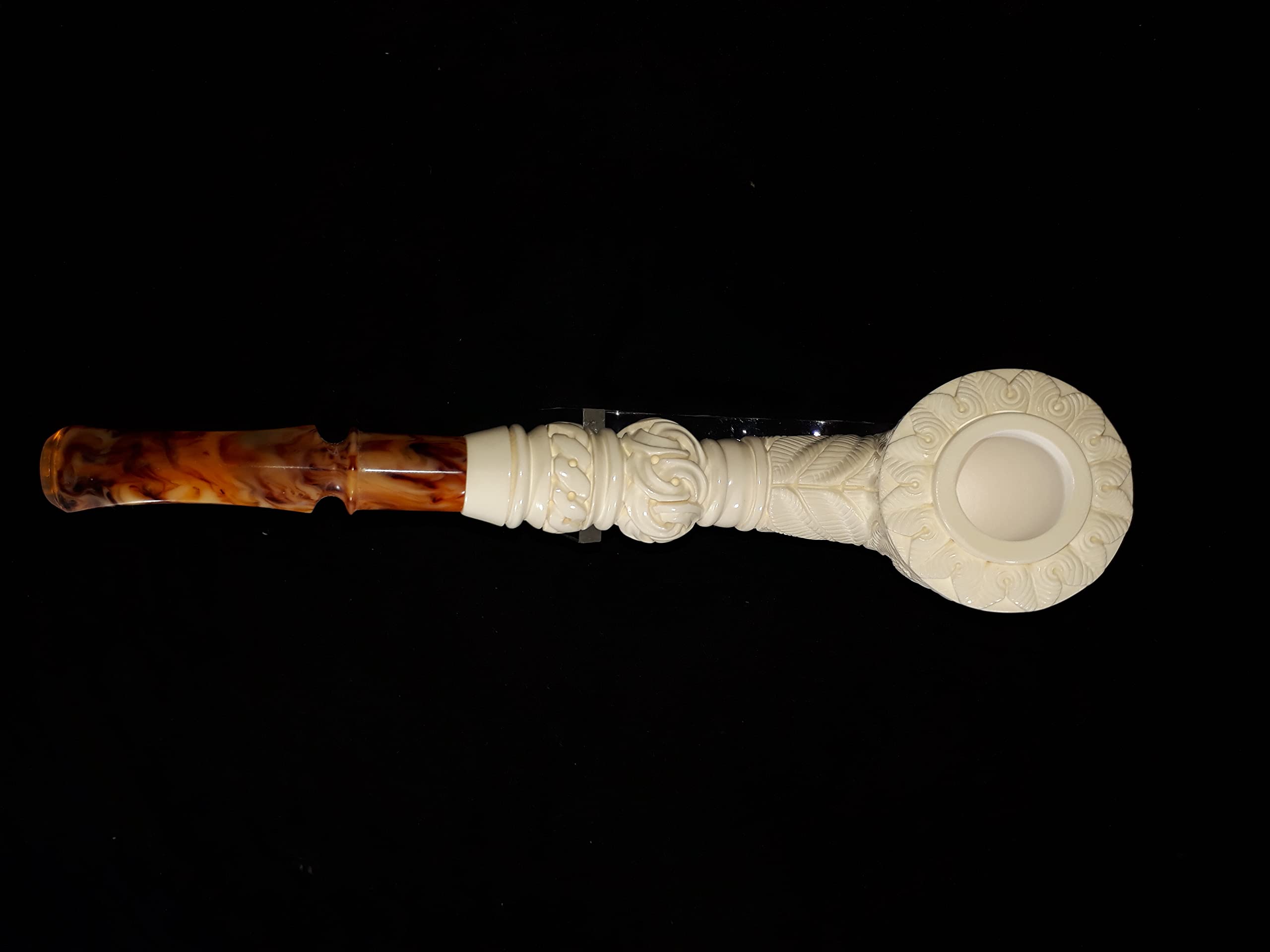 Premium Meerschaum Pipe with Floral Embossed Design & Bent Stem - Handcrafted from Solid Block Meerschaum | Perfect for Relaxing Smoke Sessions & Collector's Display