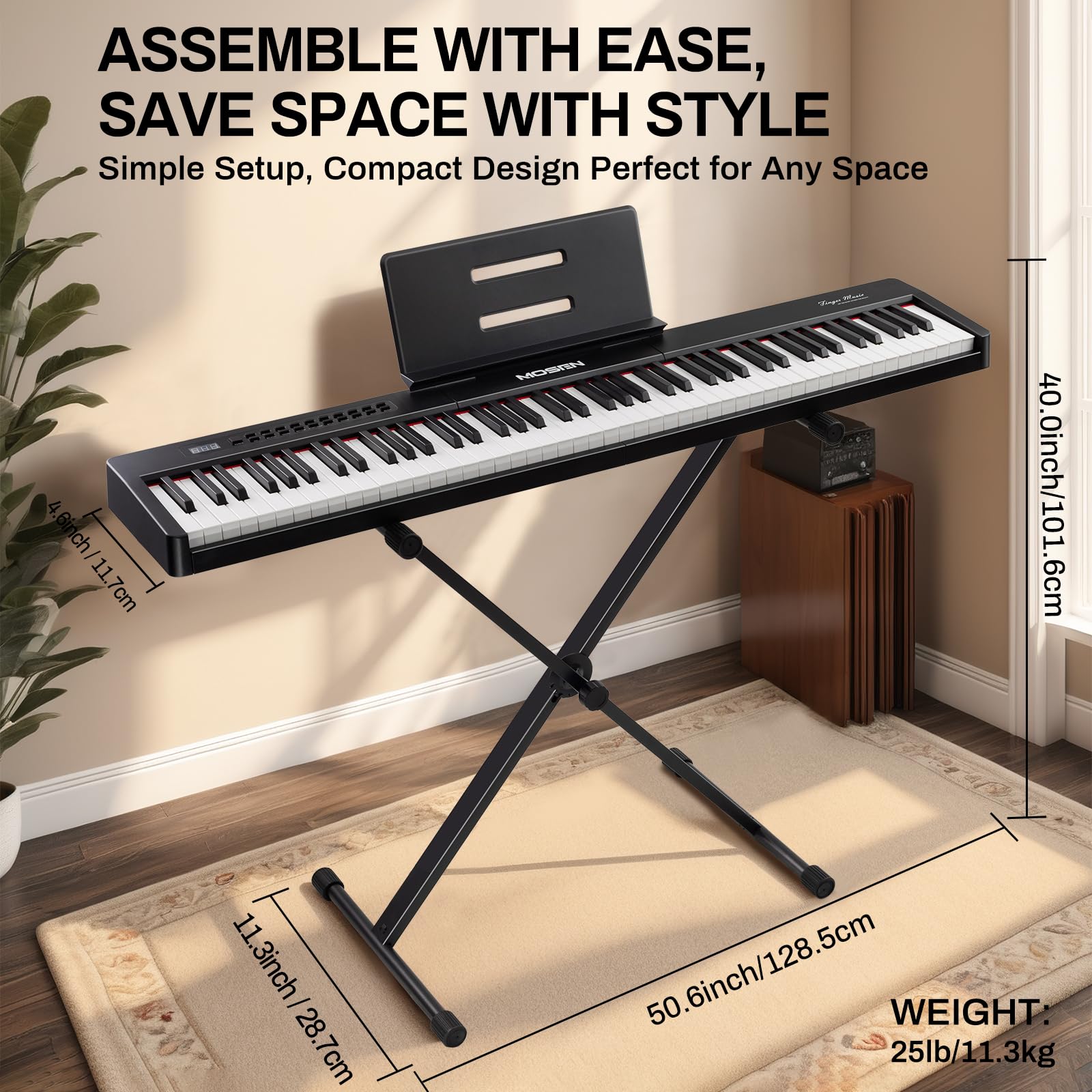 MOSEN 88-Key Digital Piano Keyboard with Semi-Weighted Keys - Professional Double Keyboard with LED Display, 380 Tones, 128 Rhythms & 88 Demo Songs - Includes Piano Lessons, Keyboard Stand & Sustain Pedal (MSP-45BK, Black) - Perfect for Home Practice, Music Education & Live Performances