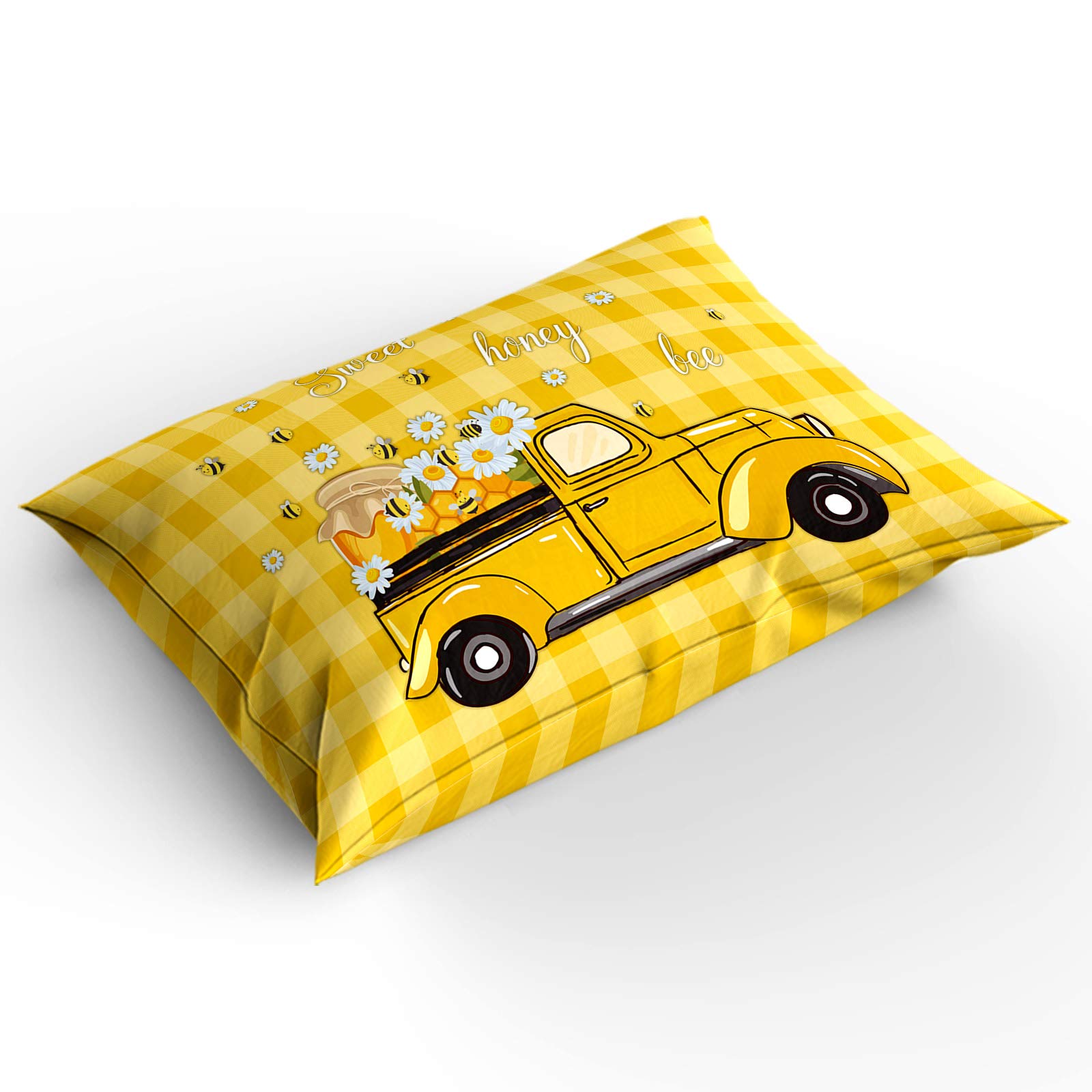Yellow Truck Honey Bee Daisy 4-Piece Duvet Cover Set - Lightweight Microfiber Soft Comforter Cover for Adults & Teens - Summer Sweet Buffalo Plaid Bedding - Perfect for Cozy Bedrooms & Guest Rooms