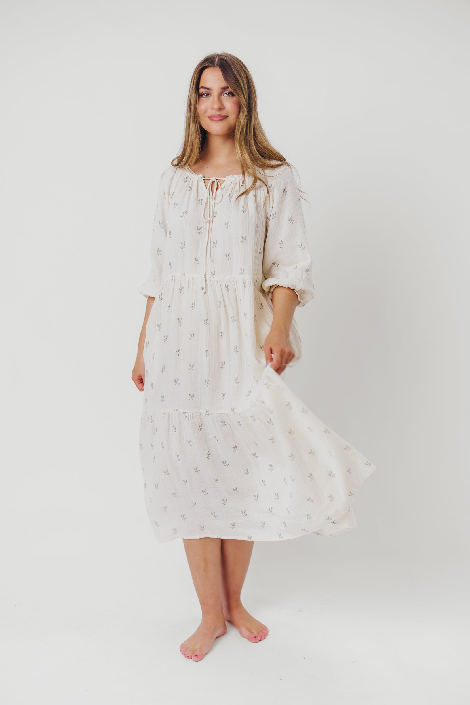 Avery Tiered Linen Blend Midi Dress in Soy/Sage Foliage - Bump Friendly Maternity Dress with Inclusive Sizing for Women | Perfect for Summer Weddings, Beach Vacations & Casual Outings