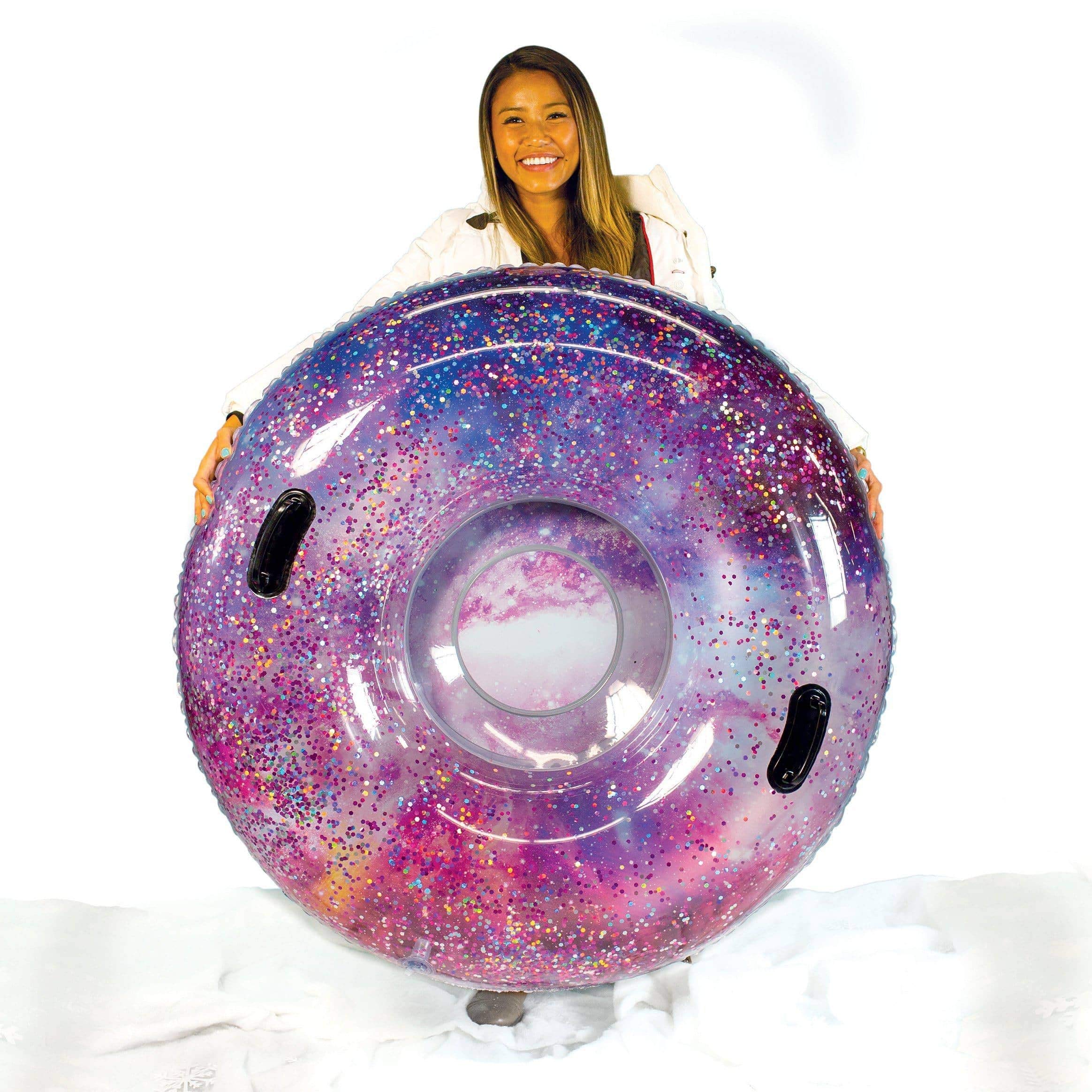 Inflatable Glitter Filled Pink Galactic Snow Tube - 48 Inch Jumbo Winter Sled for Kids & Adults - Perfect for Snow Tubing, Backyard Sliding & Outdoor Winter Fun