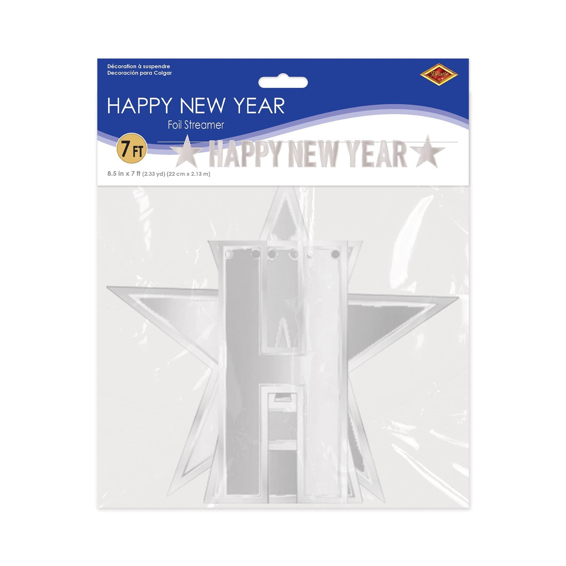12 Pack Beistle Foil Happy New Year Streamers - Silver Party Decorations for New Year's Eve, Birthday, Wedding & Holiday Celebrations