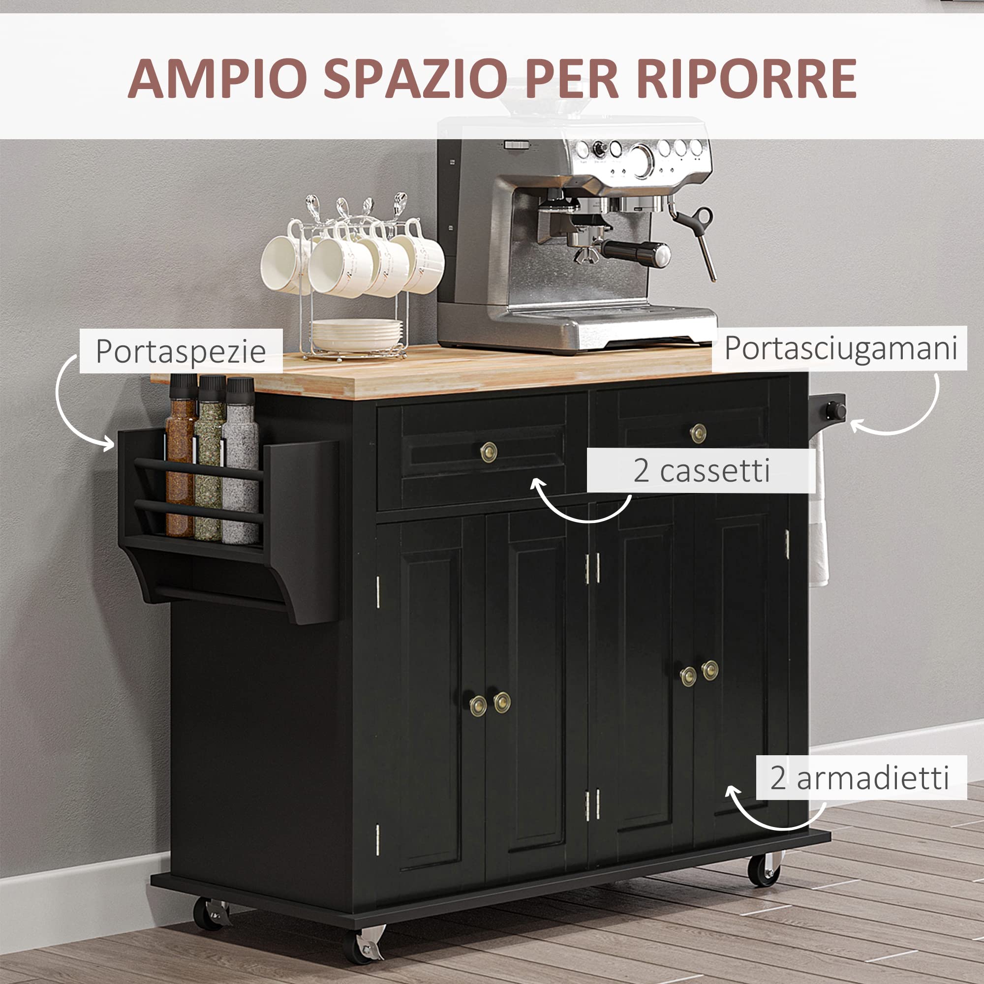 HOMCOM Black Kitchen Island Cart with 2 Drawers & 2 Cabinets, Wooden Top, Spice Rack & Tea Towel Holder - Perfect for Small Kitchens, Dining Rooms & Home Organization Storage