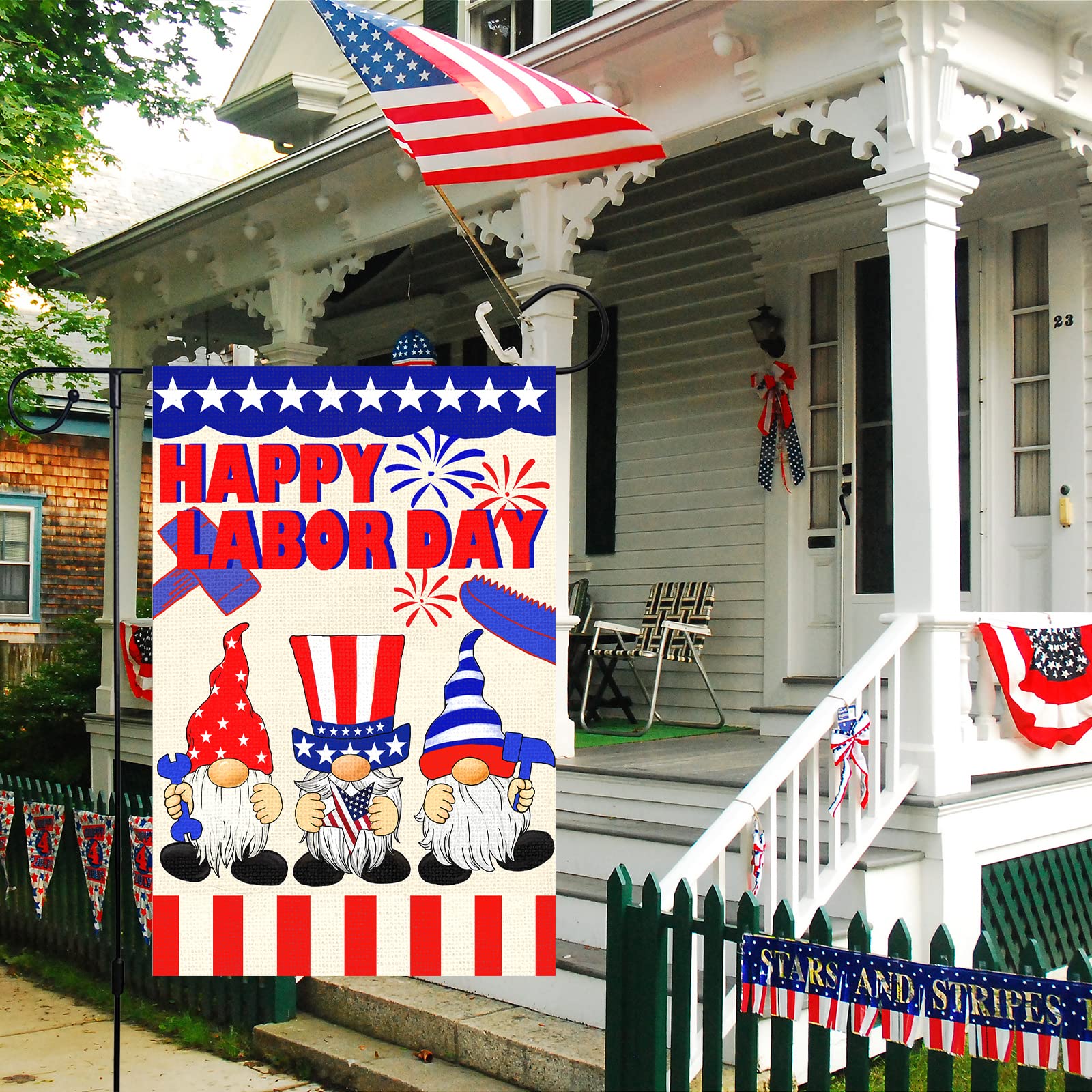 Louise Maelys Happy Labor Day Garden Flag - 12x18 Inch Double Sided Vertical Burlap Flag with Small Gnome Design - Outdoor Yard Decoration for Labor Day Celebrations, Housewarming Gifts & Seasonal Home Decor