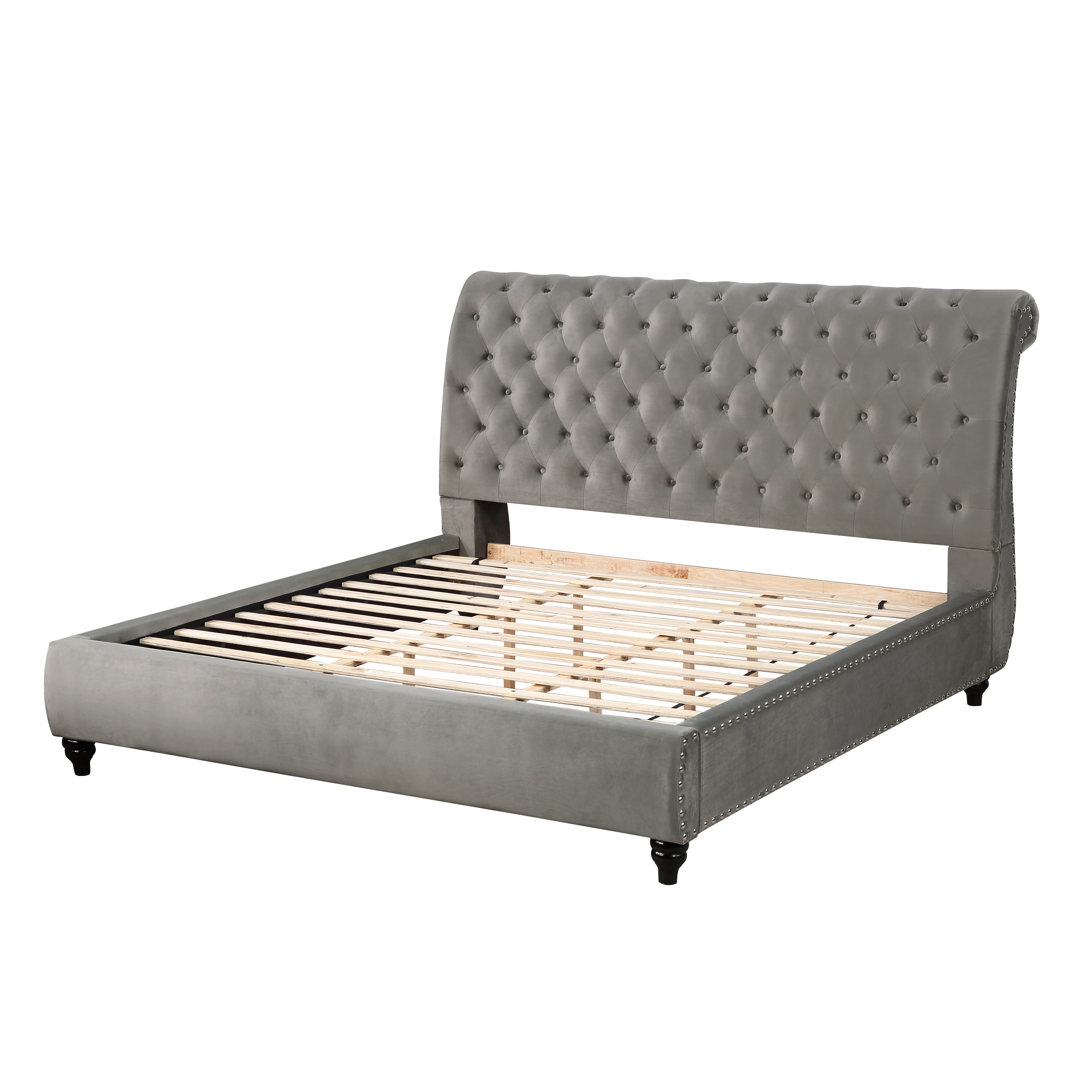 Roundhill Furniture Cerderia Velvet Upholstered Button Tufted Nailhead Trim Sleigh Bed Frame - Queen Size Gray Velvet Bed for Luxurious Bedroom Decor | Perfect for Master Bedrooms, Guest Rooms & Cozy Home Retreats
