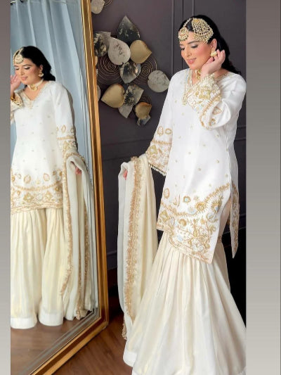 Elegant White Crepe Silk Sharara Suit Set with Sequins & Embroidery Lace Work - Perfect for Weddings, Parties & Special Occasions