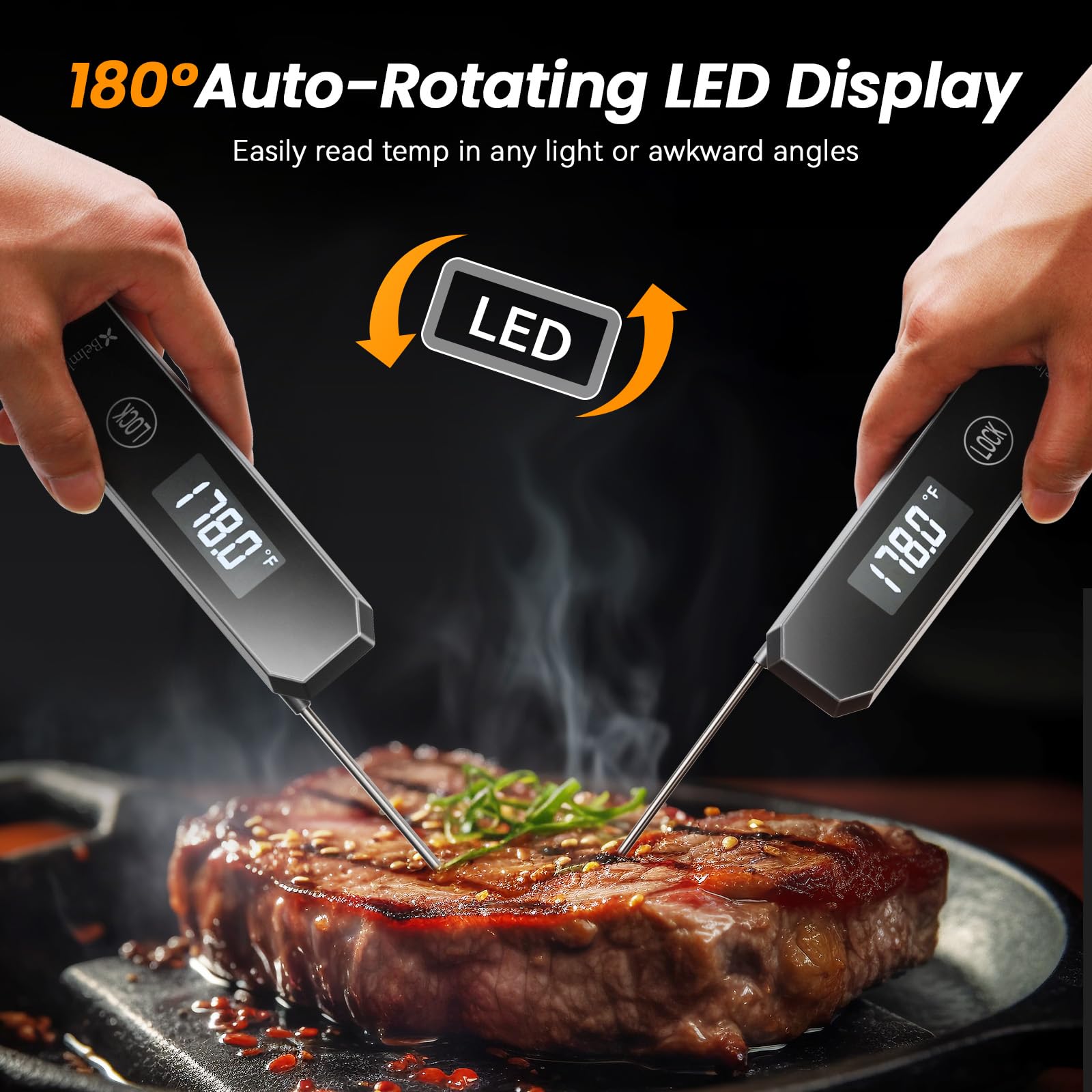Digital Meat Thermometer - Instant Read 0.5 Sec with High Accuracy (±0.5°F) | 180° Rotating Display for Turkey, Beef, Lamb | Perfect for Roasting, Grilling, BBQ & Smoking | Kitchen, Outdoor Cooking & Food Safety Essential (Grey)