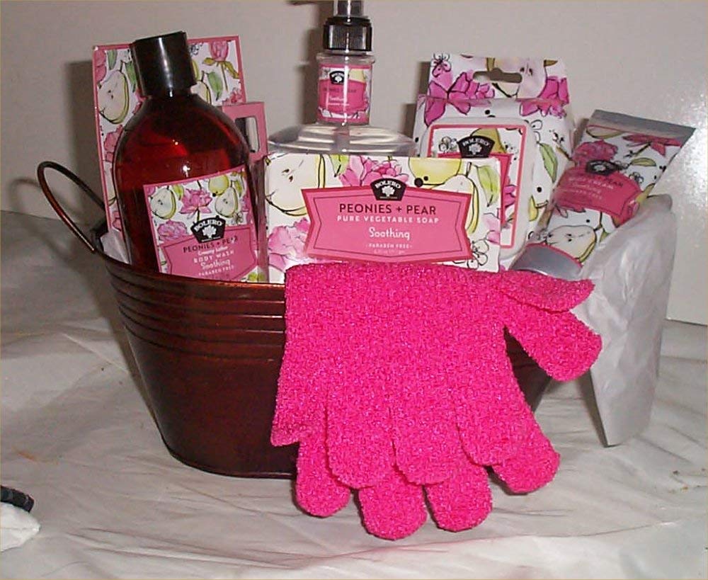 Luxury Spa Gift Basket for Women - Peony Scented Bath & Body Set with Pear Soap, Wash Gloves, Lotion & Fizzing Bath Salts in Decorative Tin | Perfect Birthday, Mother's Day & Self-Care Gifts