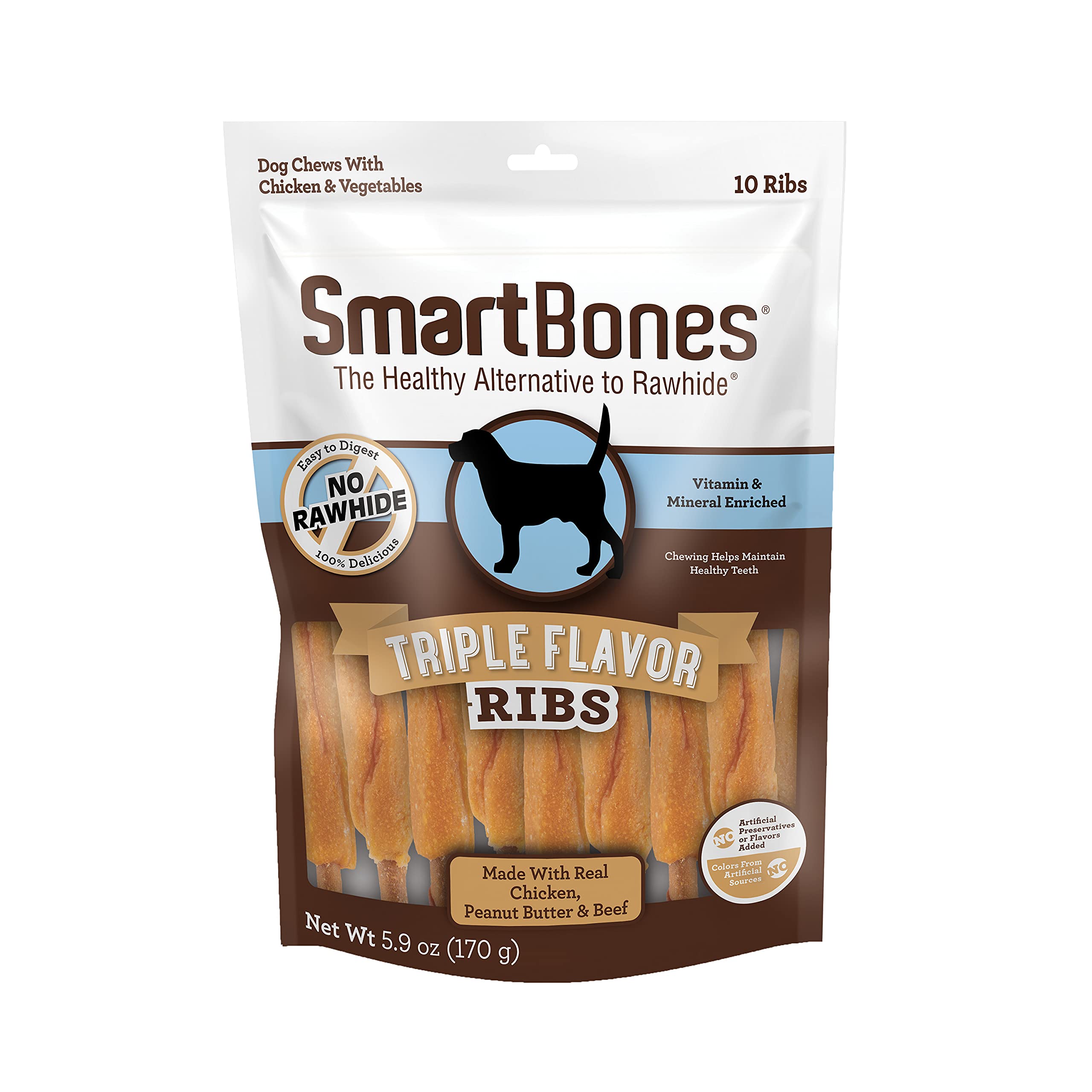 SmartBones Triple Flavor Ribs Dog Chews - 10 Count (Pack of 6) | Rawhide-Free, Healthy Dental Treats for Small & Medium Dogs | Perfect for Training Rewards and Anxiety Relief