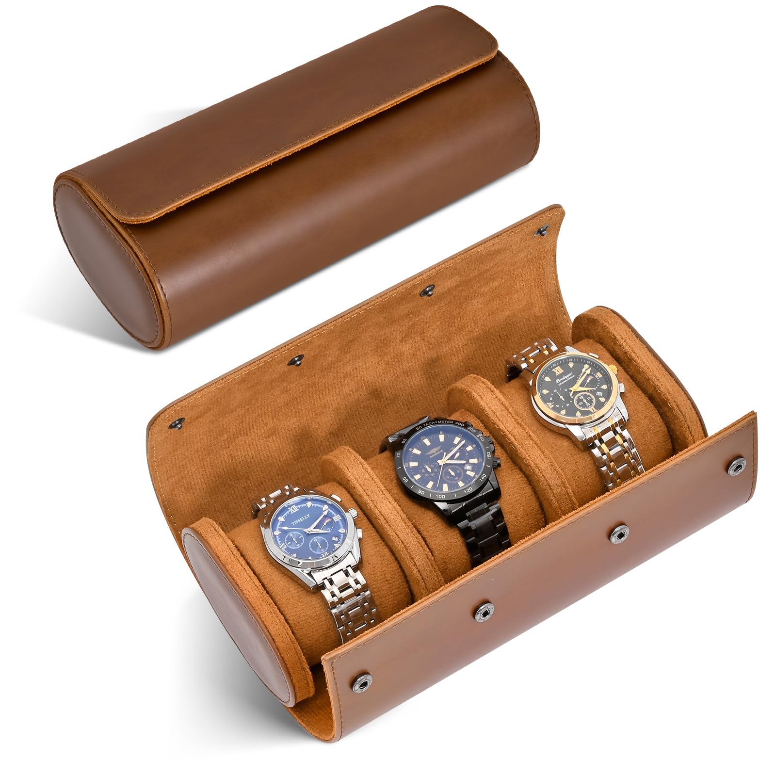 Premium ROSELLE Leather Watch Roll Travel Case - 3 Watch Storage Organizer for Men & Women with Removable Pillows & Solid Dividers - Secure Luxury Watch Display & Protection for Home, Travel & Office (Brown)