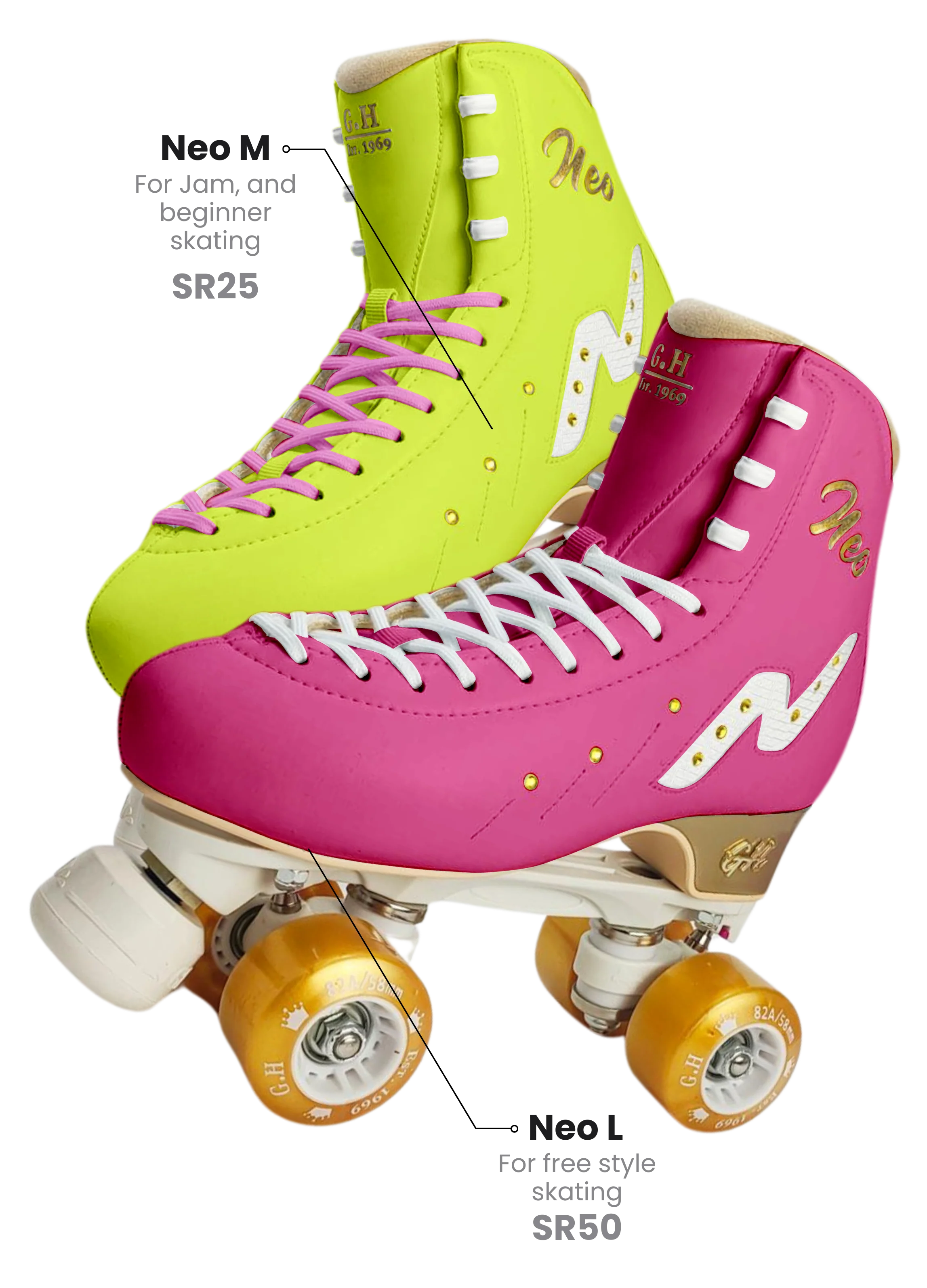GH Neo Quad Roller Skates for Adults - Adjustable Outdoor & Indoor Rollerblades with Light-Up Wheels - Perfect for Fitness, Rink Skating, and Retro Roller Disco Parties