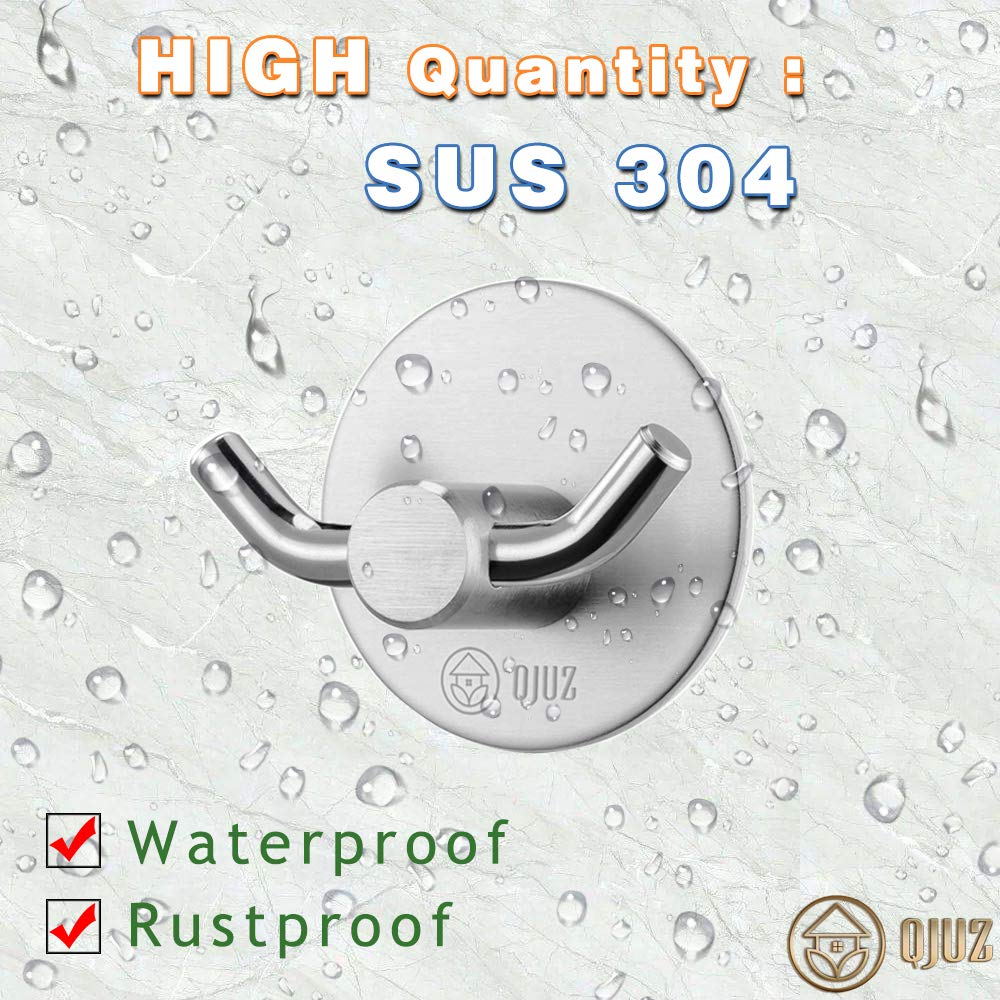 QJUZ Double Prong Adhesive Wall Hooks - Heavy Duty Stainless Steel Bathroom & Kitchen Organizer for Towels, Robes, Keys, Bags, Coats & Hats (4 Pack) - Perfect for Shower, Entryway & Closet Organization