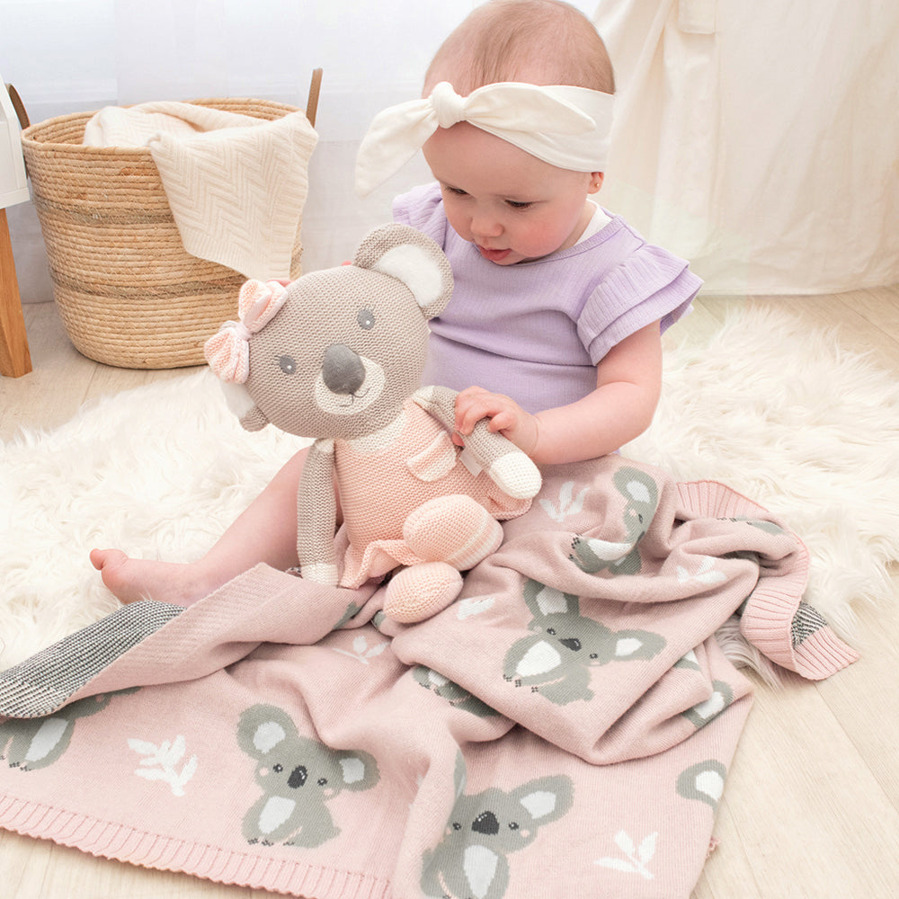 Soft Cotton Knit Australiana Baby Blanket - Blush Koala Design | Perfect for Nursery, Stroller & Gift Giving