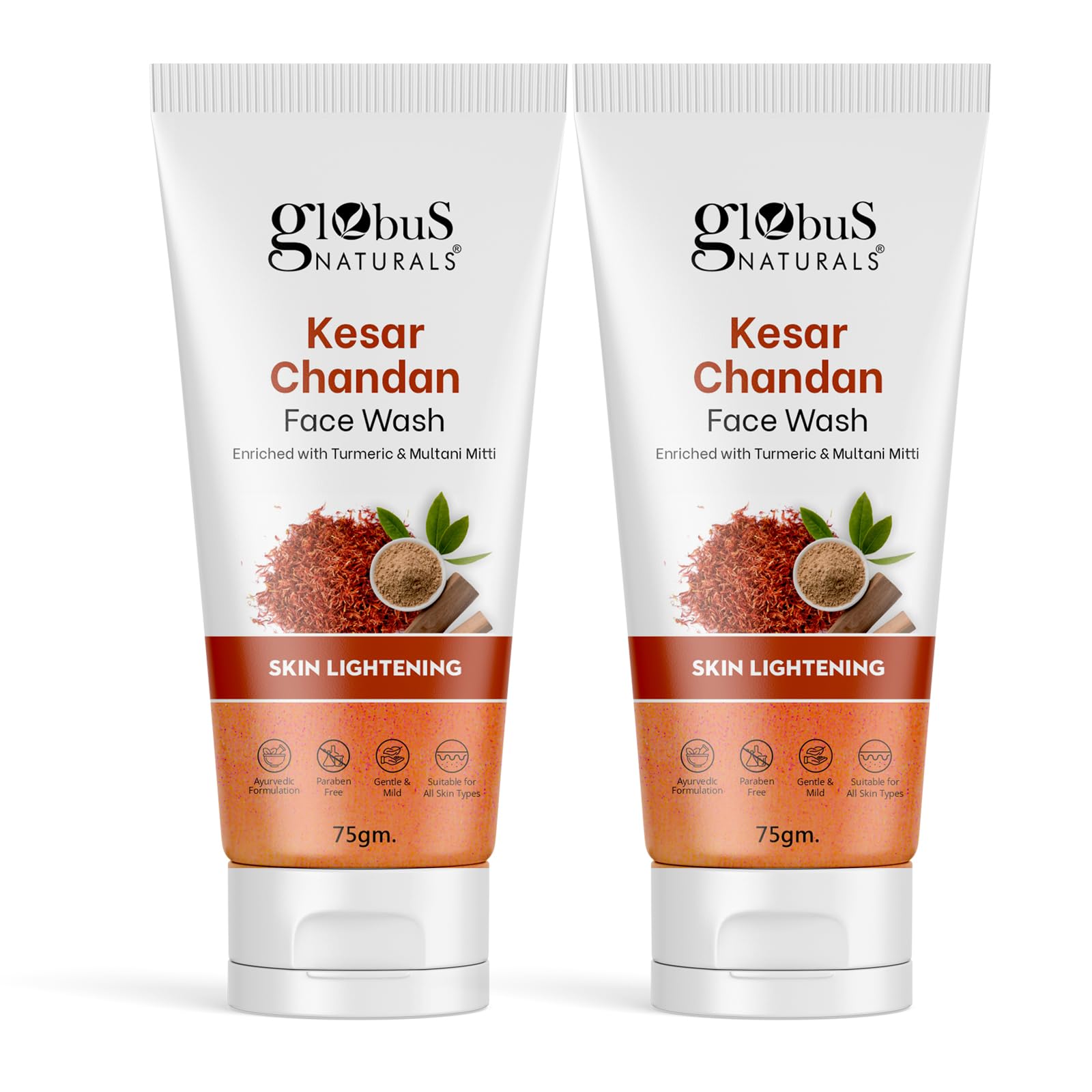 Globus Naturals Kesar Chandan Skin Lightening & Tan Removal Face Wash - Brightening Cleanser for Natural Glow & Spotless Skin - Suitable for All Skin Types - 75ml (Pack of 2) - Perfect for Daily Skincare Routine & Sun Damage Repair