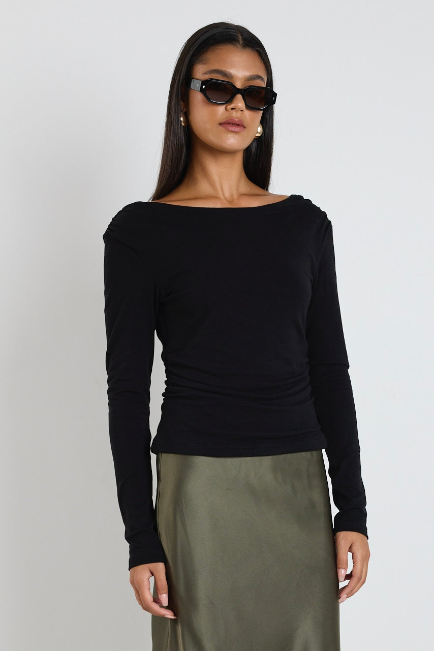 Alley Black Rib Asymmetric Neck Top - Women's Fashion Chic Blouse for Night Out & Party Wear