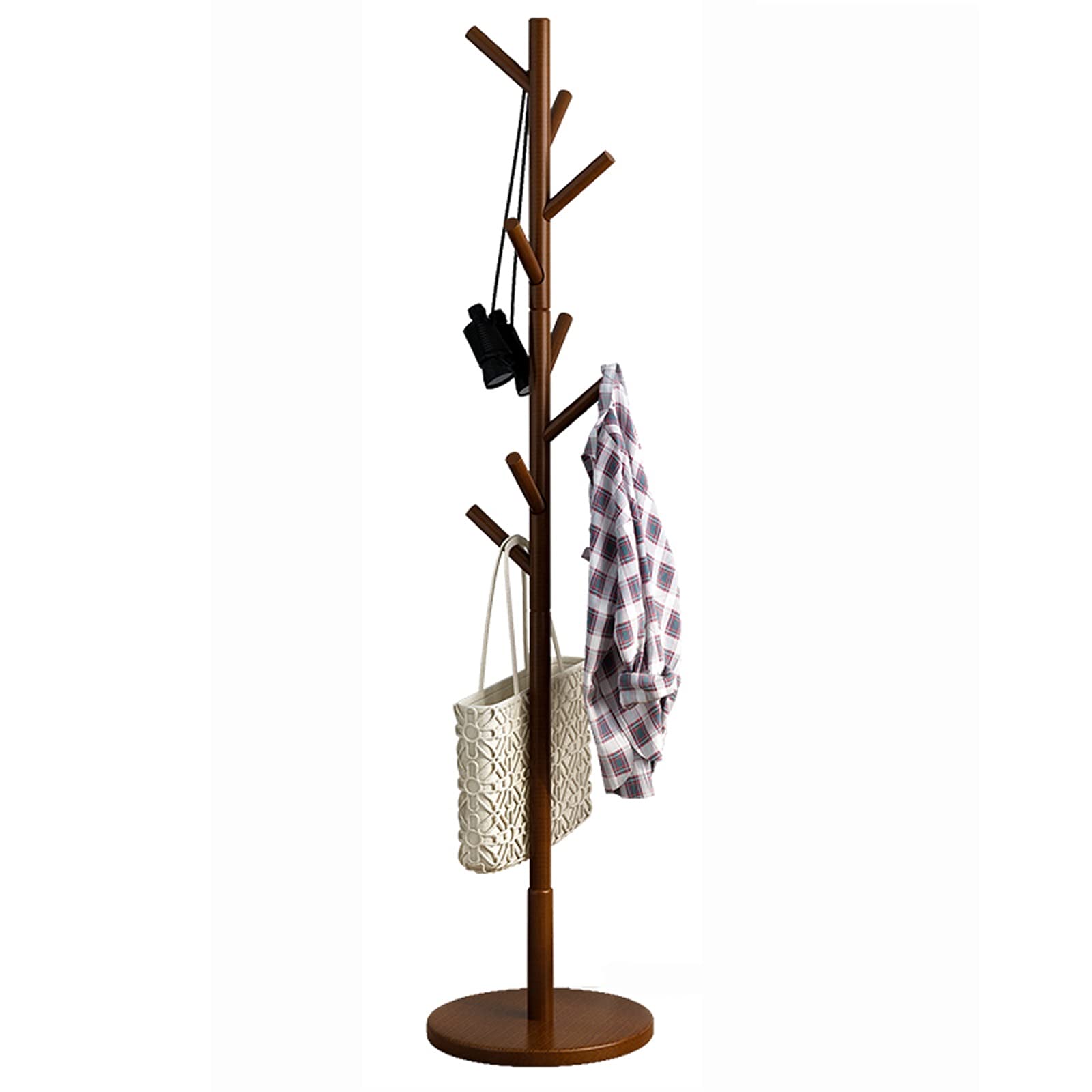 Adjustable Wooden Coat Rack Stand - Free Standing Floor Coat Tree with Hooks for Hats, Jackets & Umbrellas - Easy Assembly Entryway Organizer for Hallway, Bedroom & Office Closet Storage