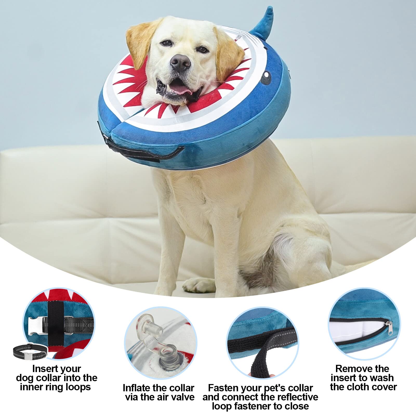 **BEAUTYZOO Inflatable Dog Cone Collar for Post-Surgery Recovery - Soft E-Collar Alternative for Large, Medium & Small Dogs & Cats - Shark Blue XL (Prevents Licking & Scratching) - Perfect for Home Recovery, Travel & Vet Visits**