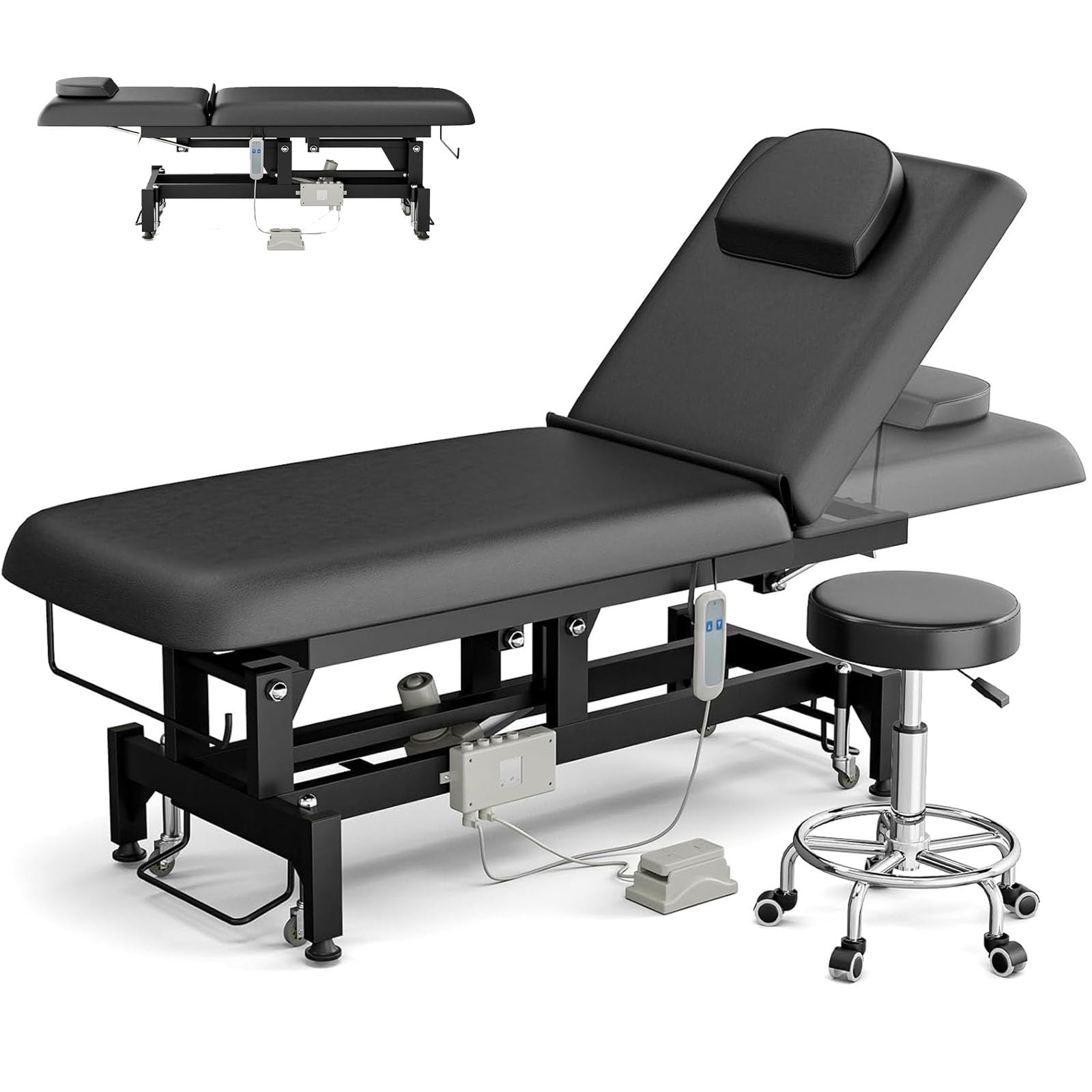 Professional Electric Lift Massage Table for Estheticians & Salons - Adjustable Facial Treatment Bed with Backrest | Physical Therapy & Waxing Table w/Stool (Black) - Perfect for Spa, Beauty Salon & Home Use