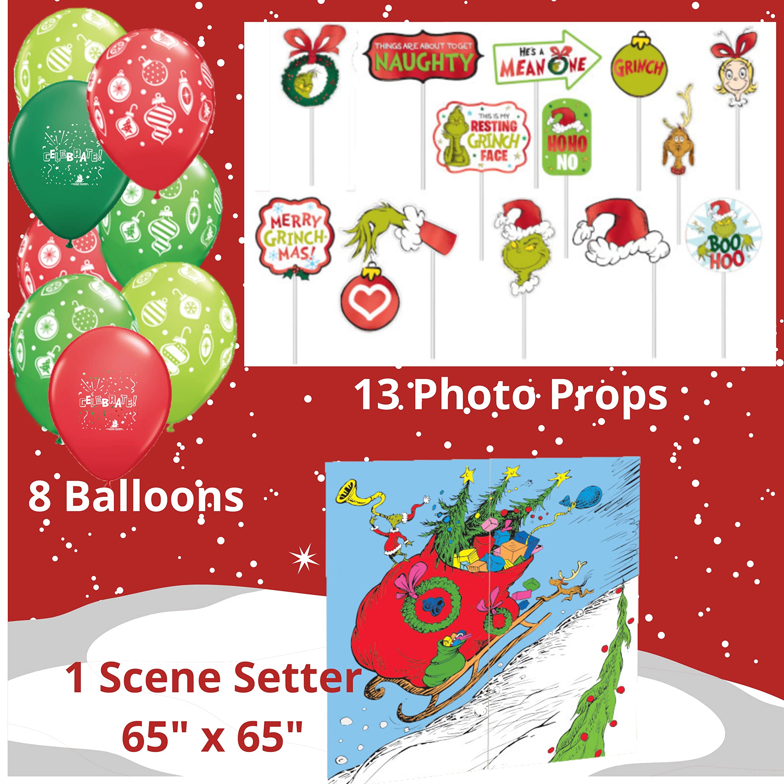 Grinch Party Decorations Set - Backdrop, Props & Balloons for Christmas Party Decor