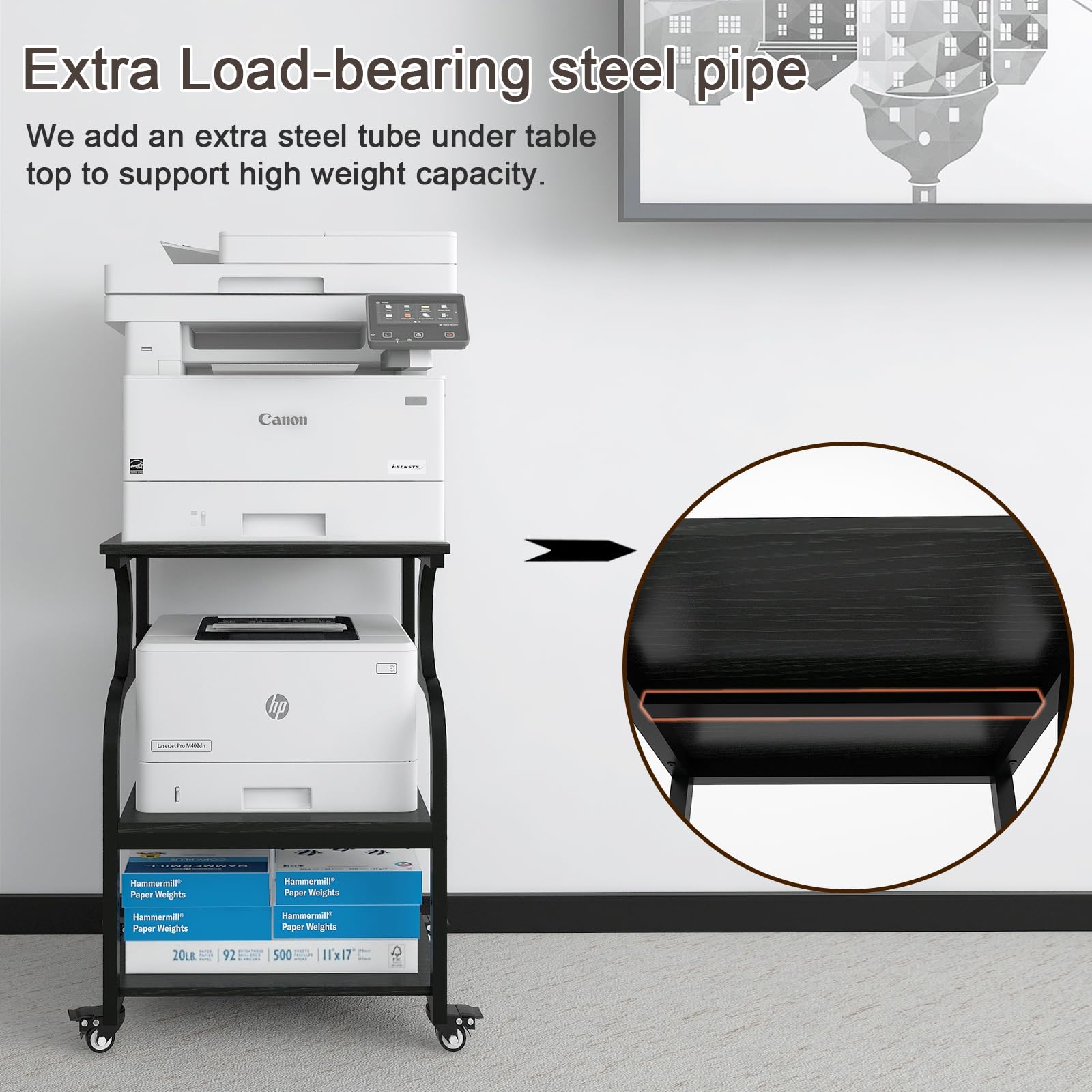 Natwind Large Printer Stand - 24''x20''x29'' Adjustable Storage Shelf Rolling Cart with Wheels, 3-Tier Multifunctional Shelves for Heat Press & 3D Printer, Home Office Organization (Black) - Perfect for Craft Rooms, Printing Workshops & Small Business Spaces