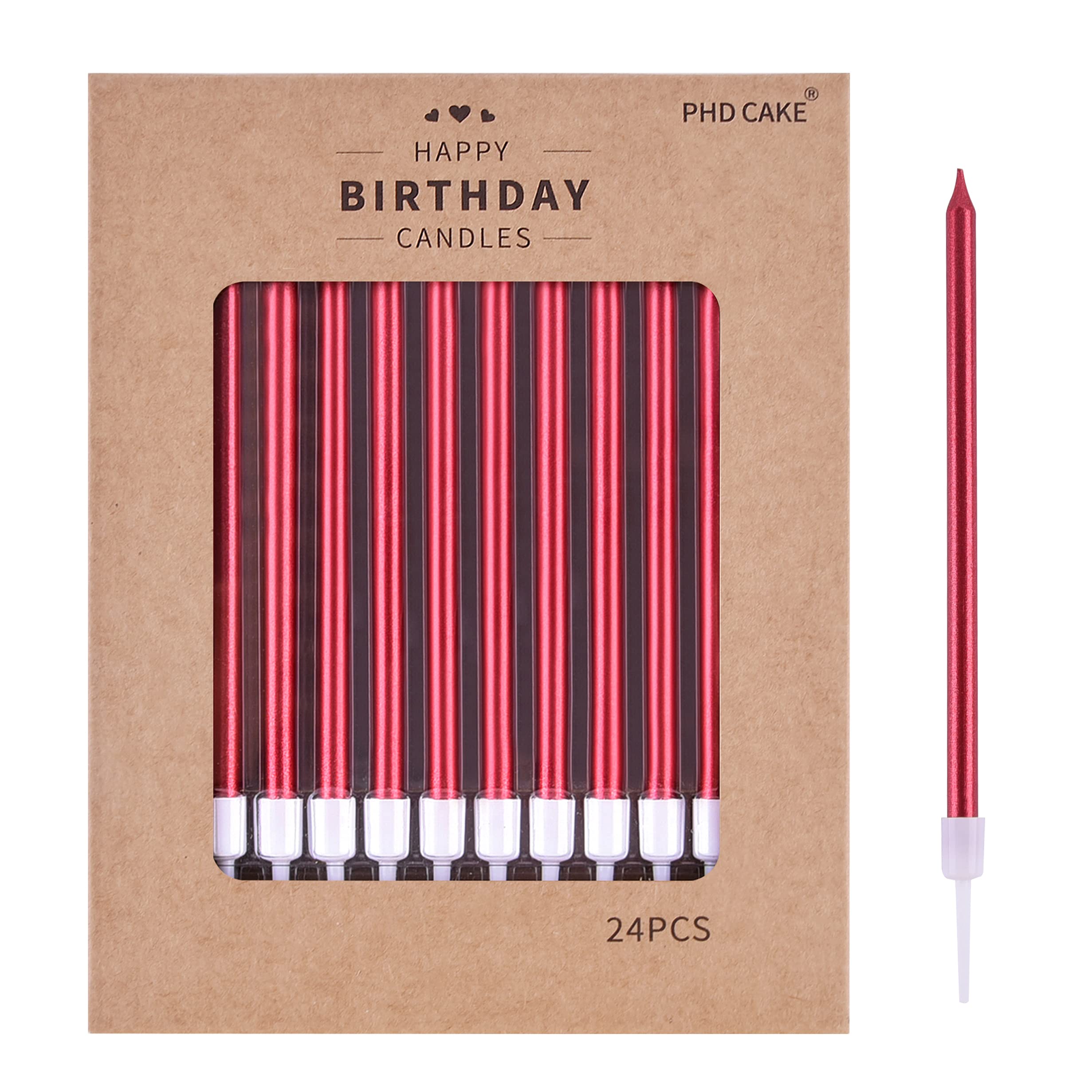 PHD CAKE Red Long Thin Metallic Birthday Candles - Elegant Cake Candles for Birthday Parties, Wedding Decorations & Special Events - Perfect for Cakes, Cupcakes & Dessert Displays
