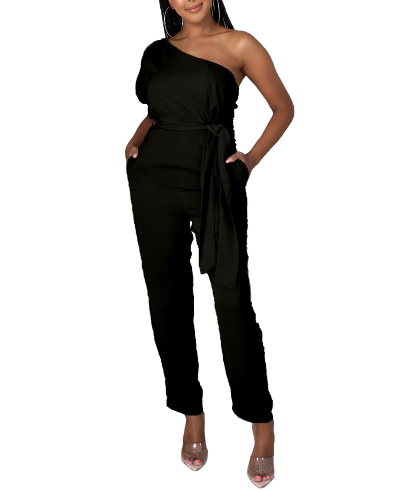 DeftSharp 2025 Women's Sexy Cocktail Party Romper - Back Zip Belt Long Jumpsuit for Clubwear, Casual Work & Night Out | Perfect for Parties, Dating & Office Events