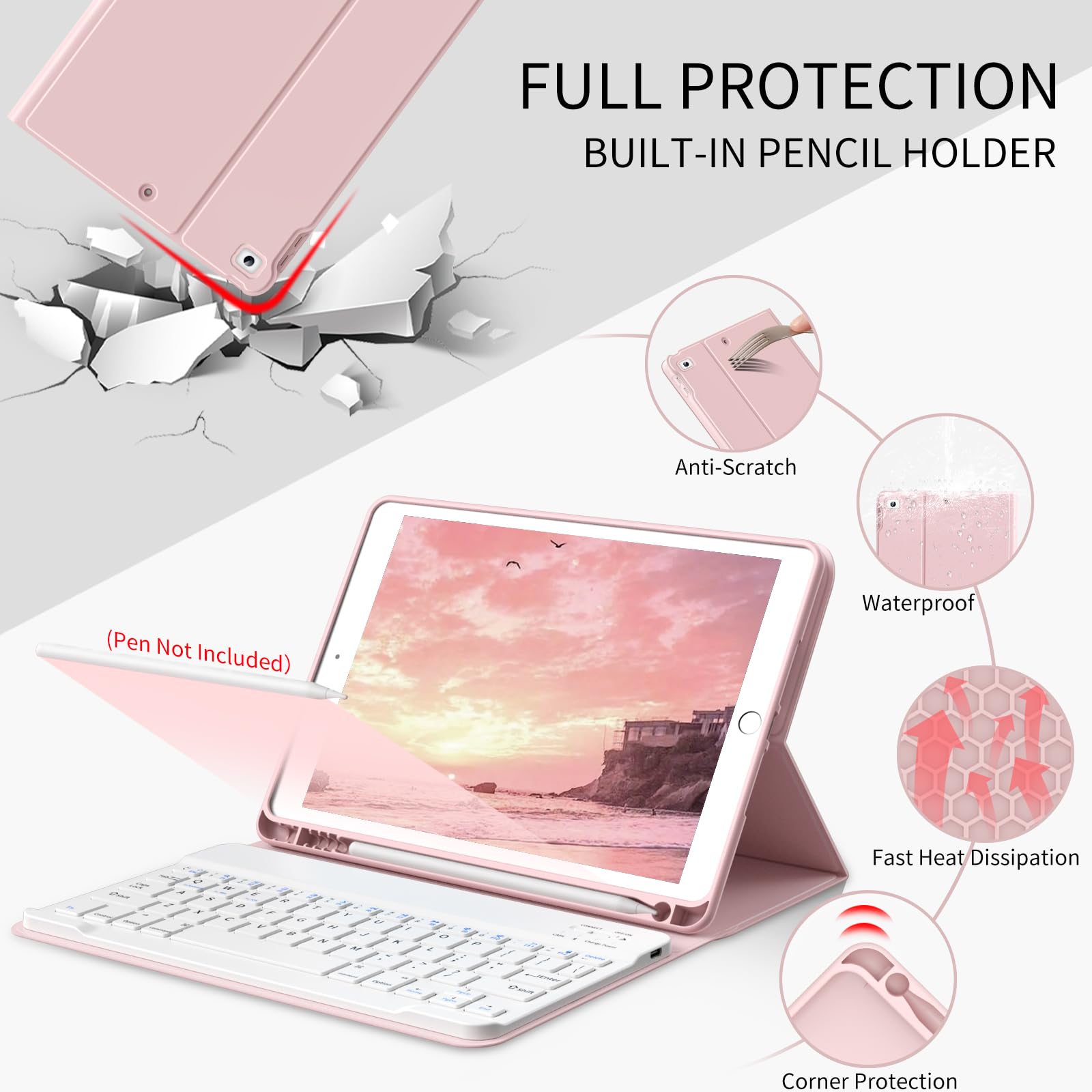 JKSML 9.7 Inch Bluetooth Keyboard Case for iPad 6th/5th Gen (2018/2017) & iPad Air 2/Air 1 - Detachable Rechargeable Keyboard with Pencil Holder, Auto Sleep/Wake Cover - Pink | Perfect for Work, Study & Travel
