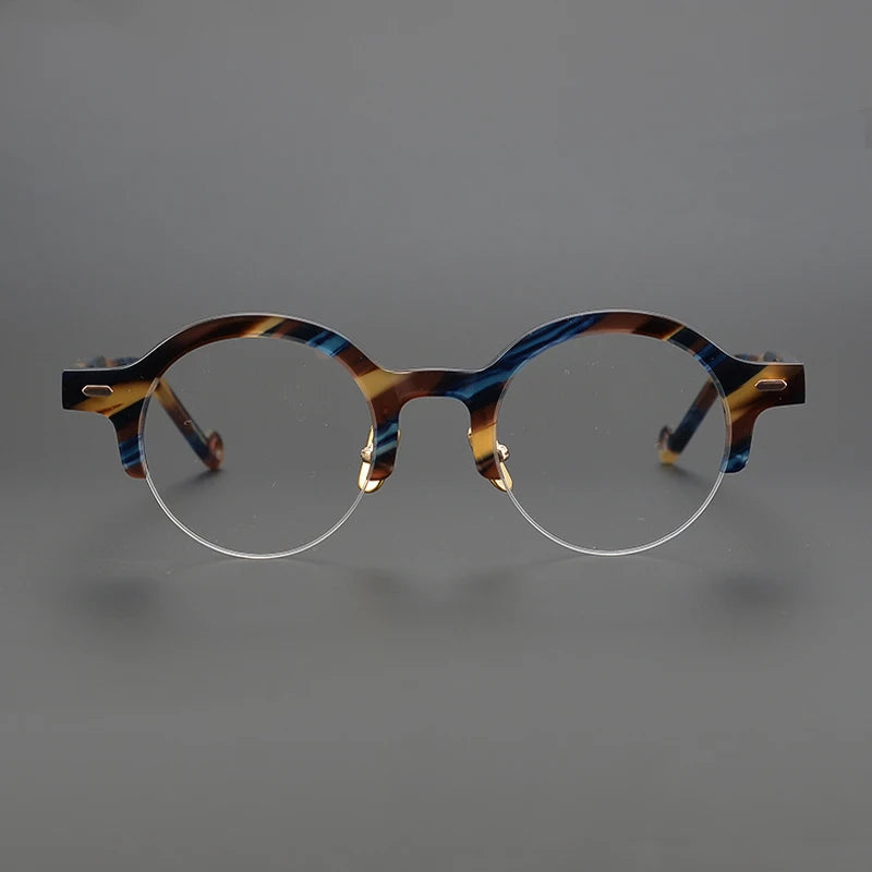 Black Unisex Semi-Rimless Round Acetate Eyeglasses Frame 9535 - Lightweight & Durable for Reading, Driving, and Everyday Wear