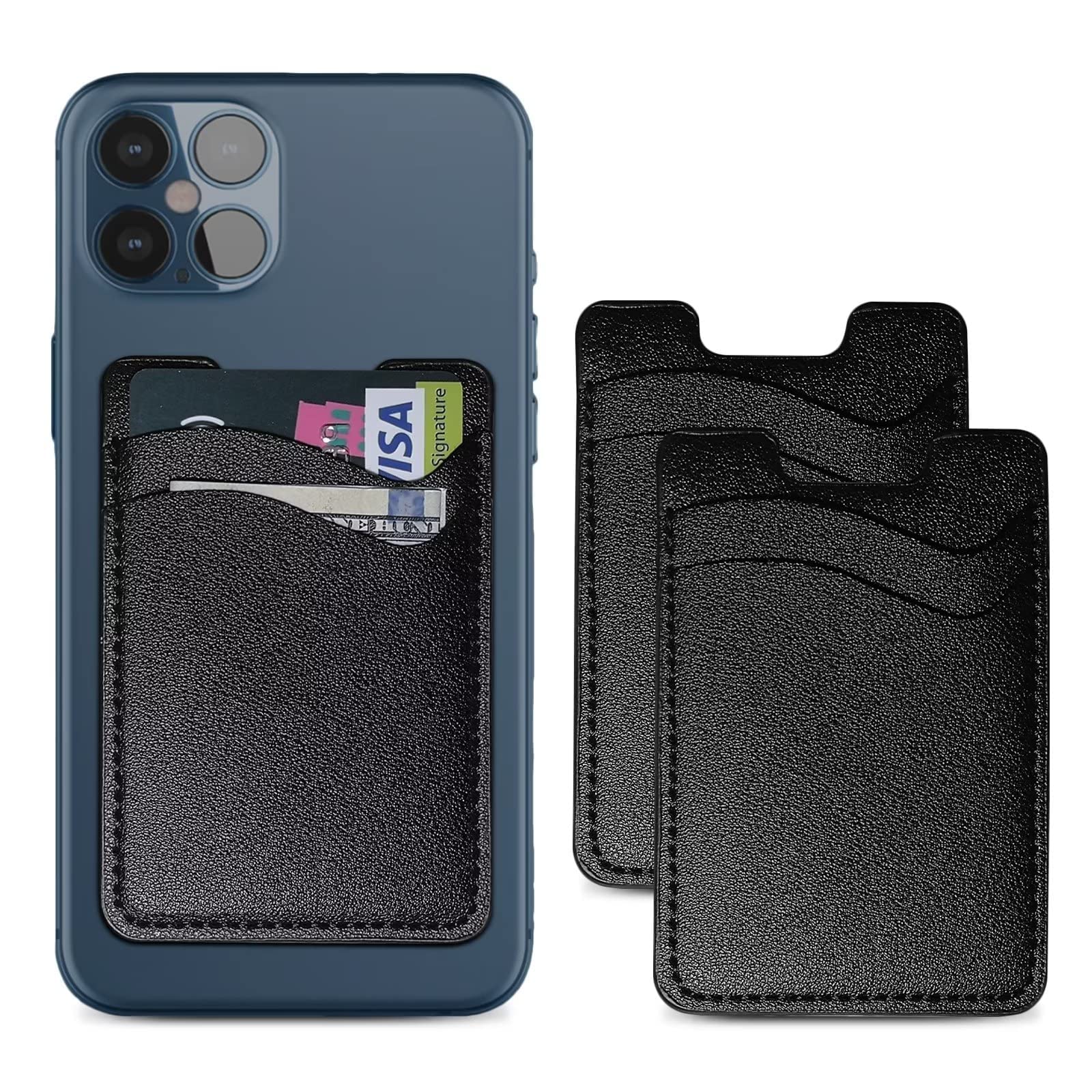 2 Pack Leather Phone Card Holder - Dual Pocket Stick On Wallet for iPhone Samsung Android - Credit Card & ID Holder - Perfect for Travel Shopping & Daily Use