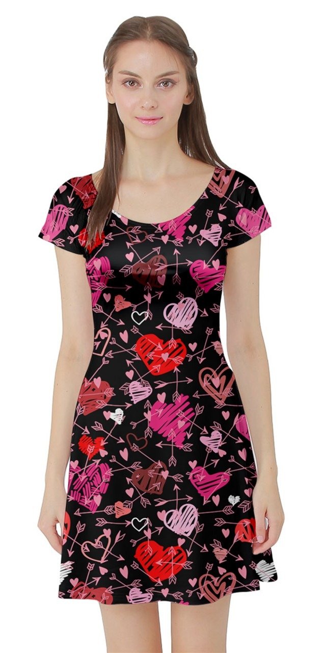 CowCow Women's Cute Pink Valentine Day Love Heart Pattern Short Sleeve Skater Dress - Flirty & Romantic A-Line Mini Dress for Date Night, Party, or Casual Wear (XS-5XL)