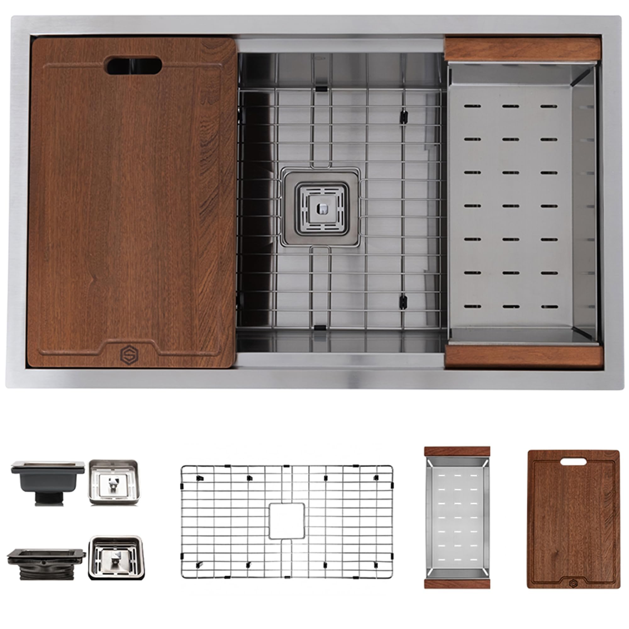 32 Inch Undermount Stainless Steel Kitchen Sink with Accessories - 16 Gauge Single Bowl Workstation Sink, Includes Cutting Board, Colander & Drain Strainer - Perfect for Modern Kitchens & Food Prep Stations