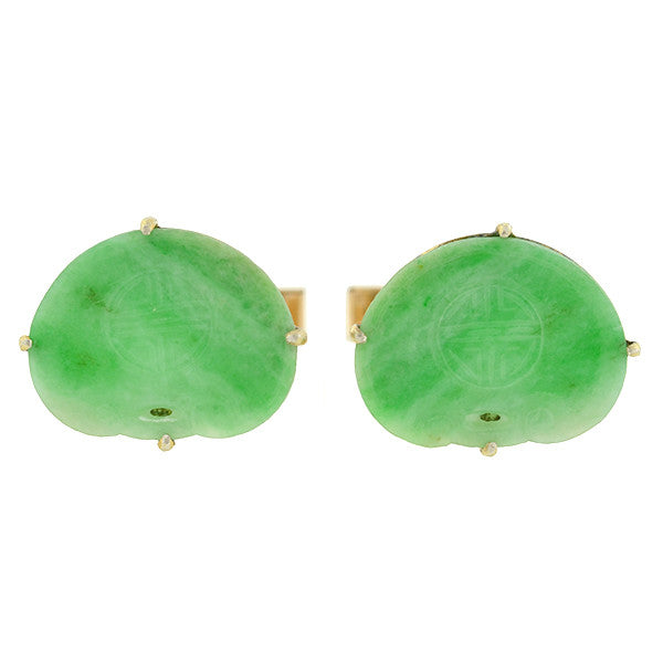 Vintage Chinese 14K Gold & Silver Gilt Carved Jade Cufflinks - Elegant Men's Jewelry for Weddings, Business & Formal Occasions