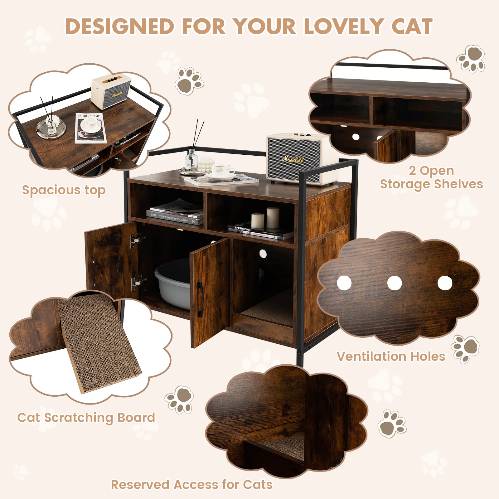 Giantex Cat Litter Box Enclosure Furniture - Hidden Washroom with Front Entry, Cat Scratcher & 2-Door Storage Cabinet | 2 Compartments, Air Vents, Metal Frame & Wooden Pet House (Rustic Brown) | Perfect for Small Spaces & Multi-Cat Homes